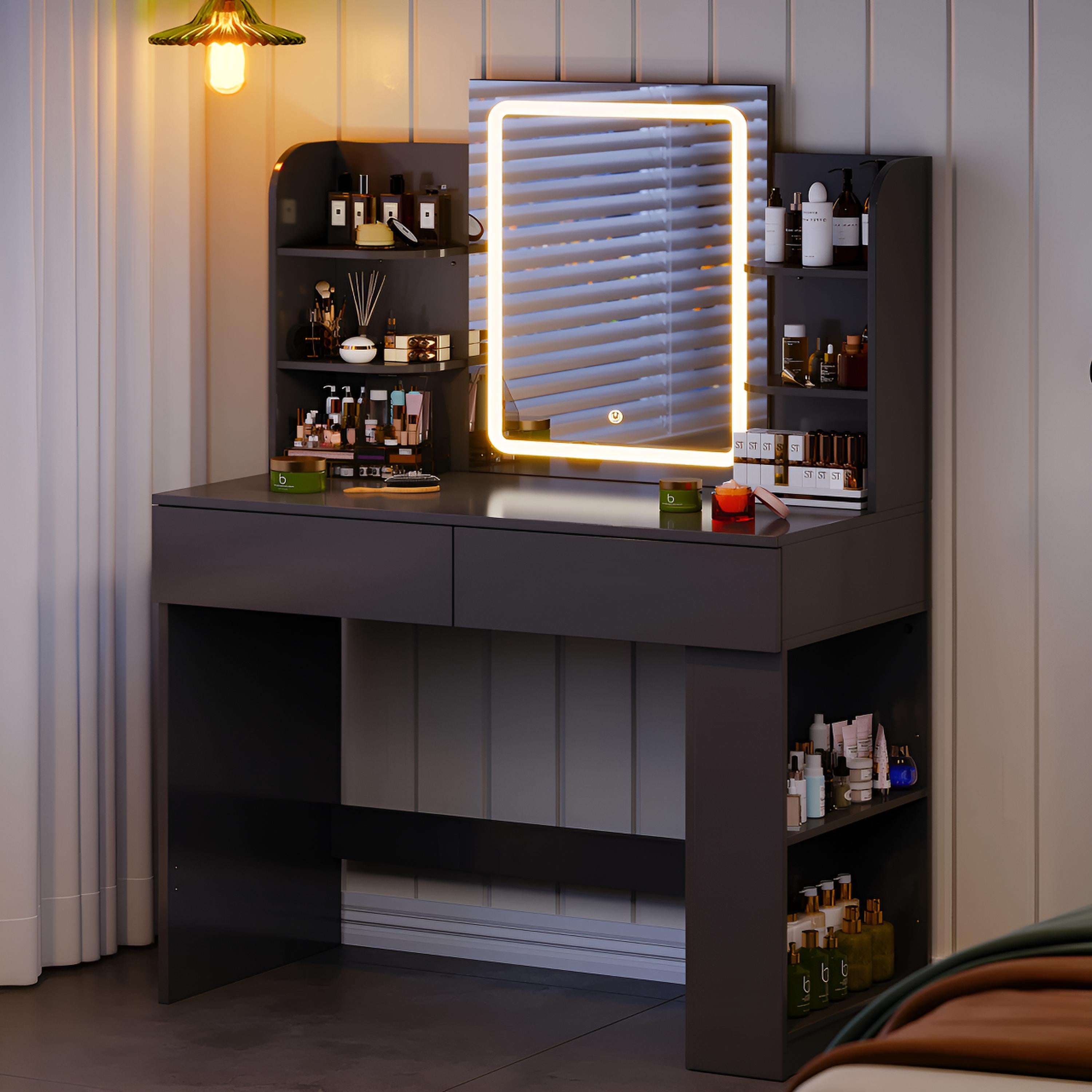 Coiffeuse avec Miroir LED et Tabouret | 2 Grands Tiroirs + Lumière Réglable – AUREA
