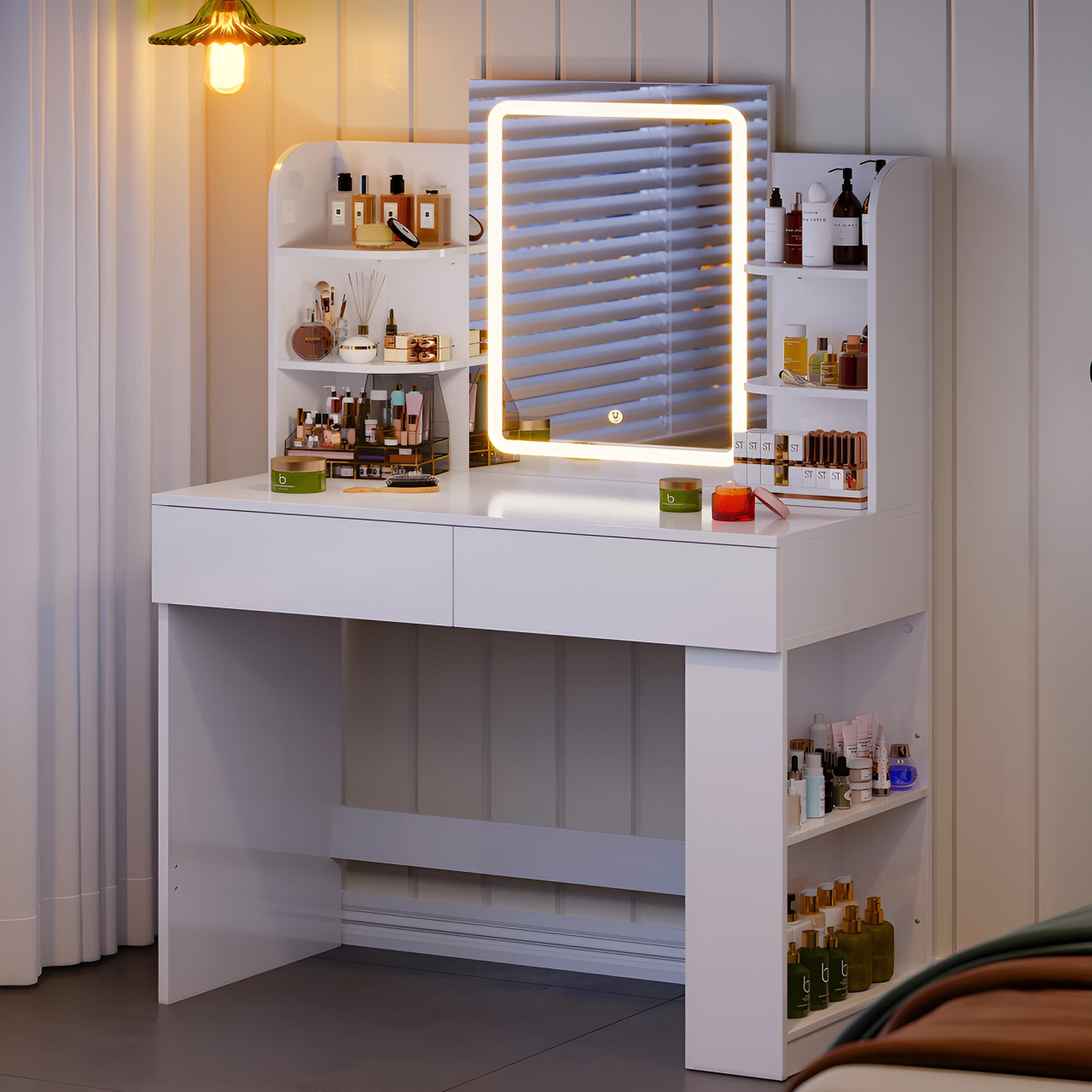 Coiffeuse avec Miroir LED et Tabouret | 2 Grands Tiroirs + Lumière Réglable – AUREA
