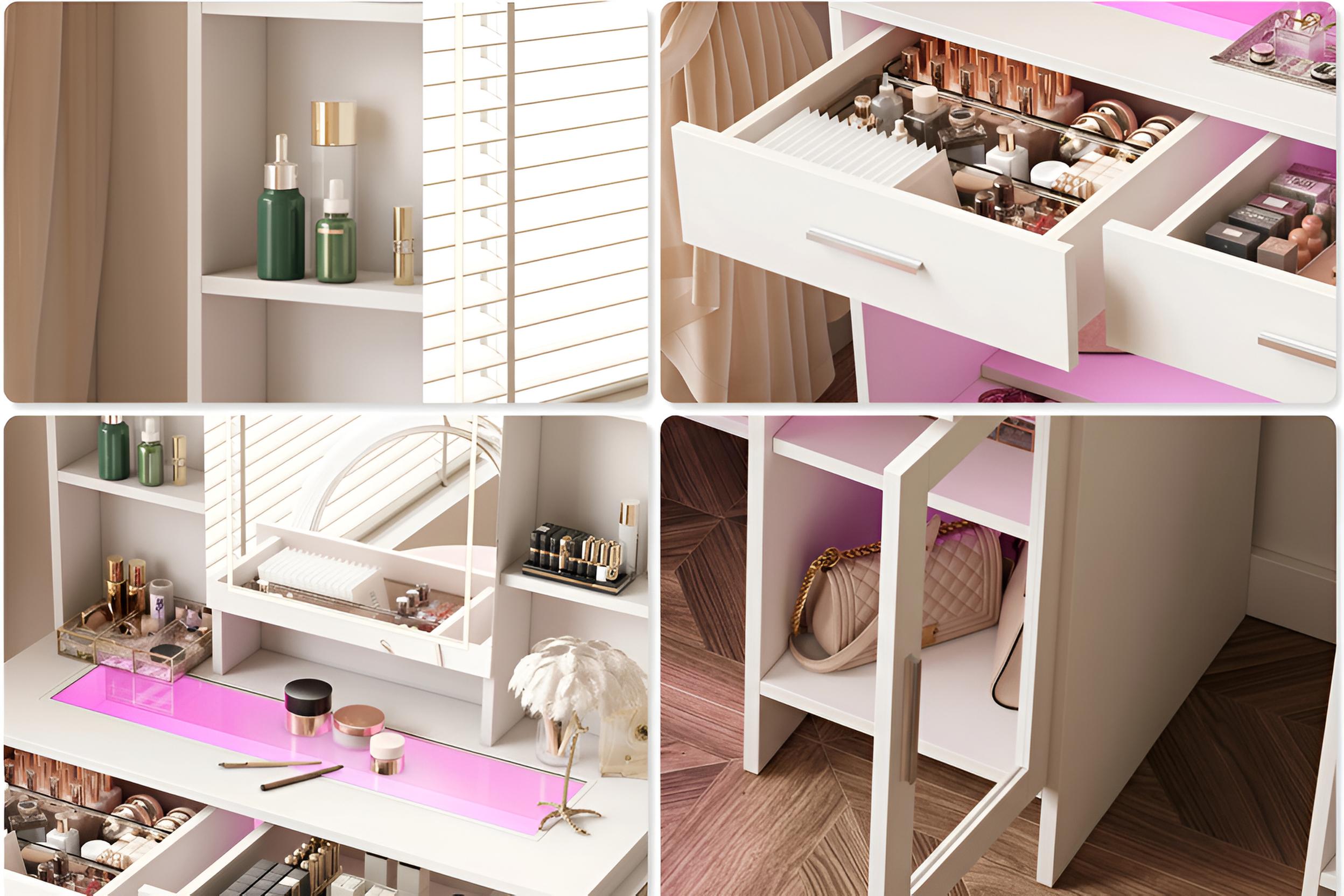 Coiffeuse femme LED avec Miroir et Rangement | 2 Tiroirs + Étagères + Support Sèche-Cheveux – AUREA