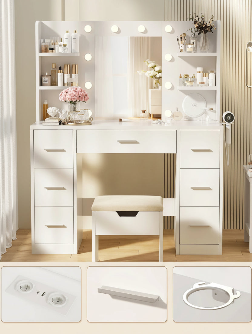 Coiffeuse femmes LED avec Miroir et Rangement | 7 Tiroirs + Éclairage Réglable + Prise – AUREA
