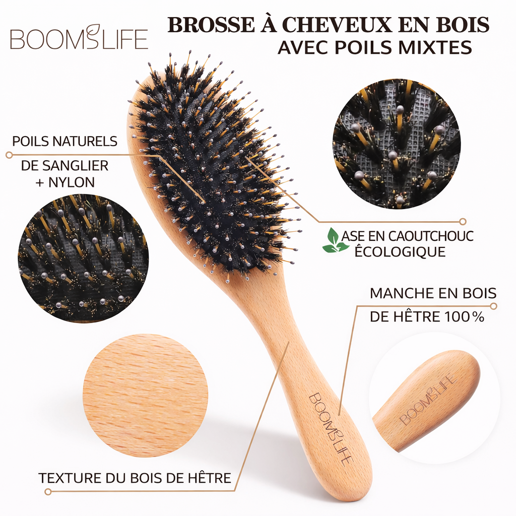 Brosse à Cheveux en Poils de Sanglier Anti-Statique Massage du Cuir Chevelu AUREA