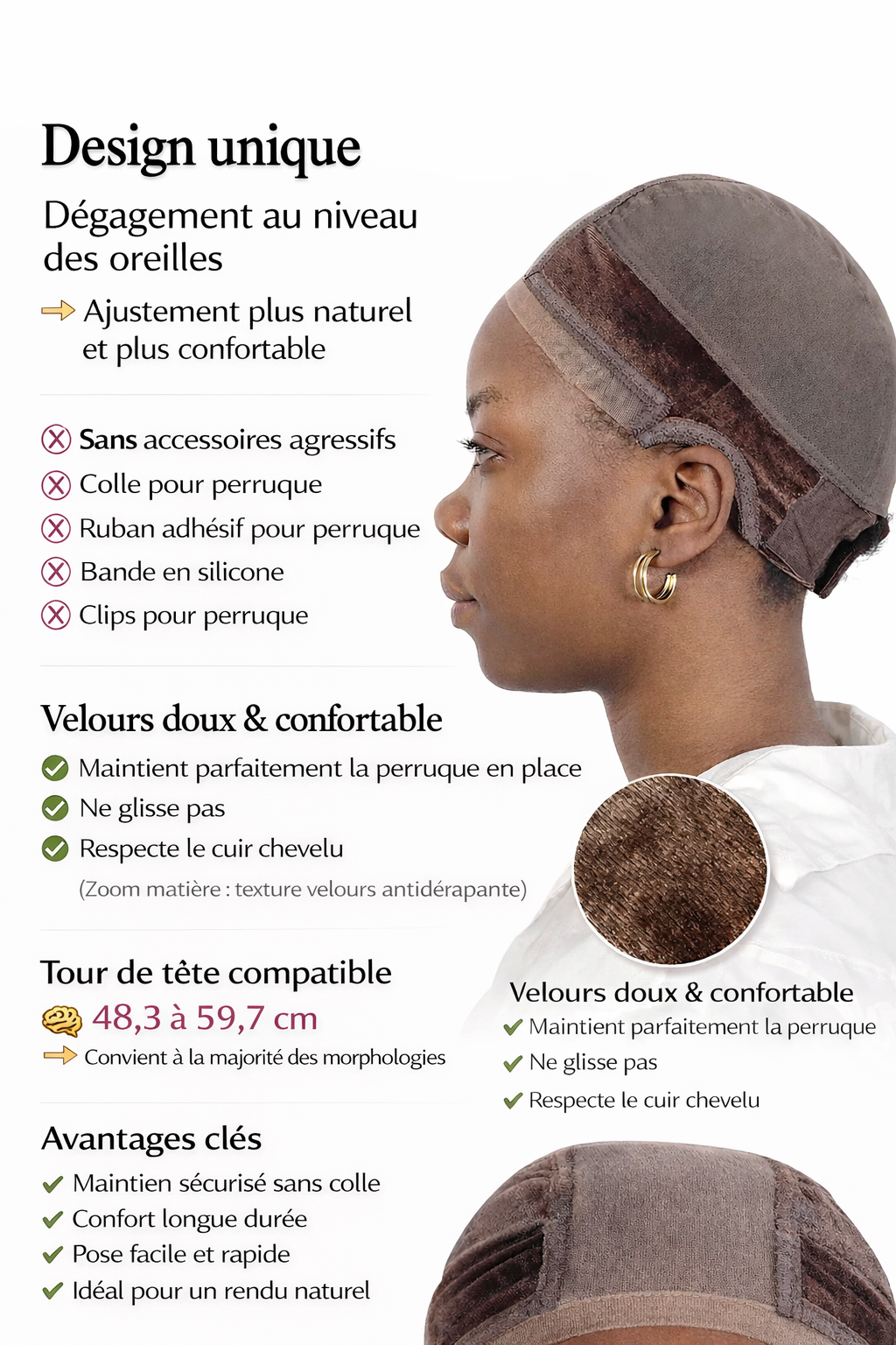 Bandeau en Velours pour Perruque – Bonnet en Maille Extensible avec Lace, Maintien Antidérapant