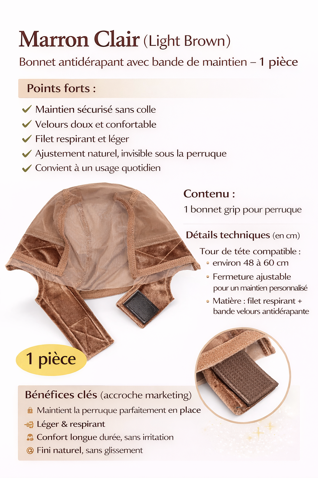 Bandeau en Velours pour Perruque – Bonnet en Maille Extensible avec Lace, Maintien Antidérapant