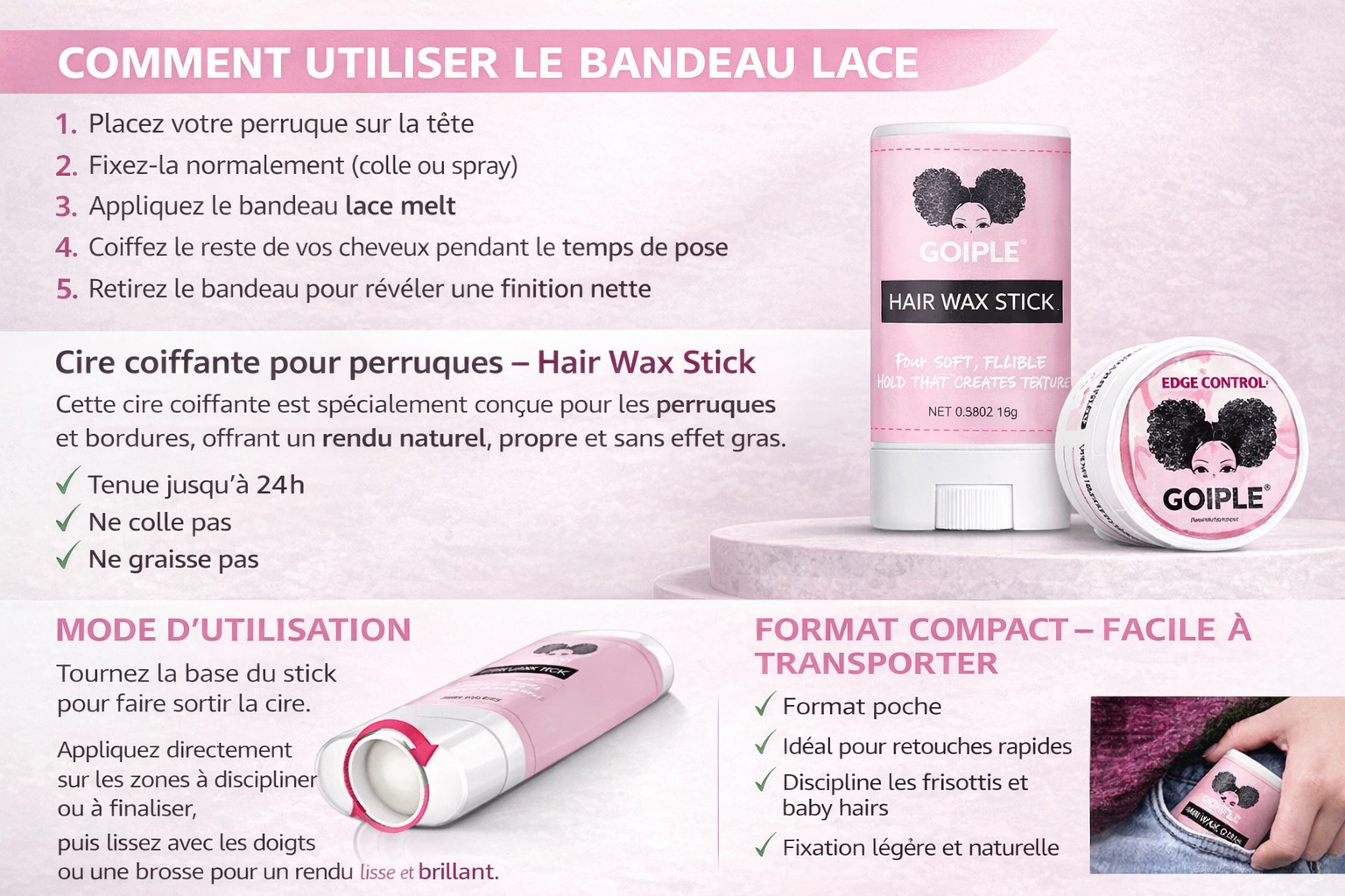 Kit Débutant Coiffage Perruque Lace – Cire Coiffante, Gel Edge Control et Colle Fixante