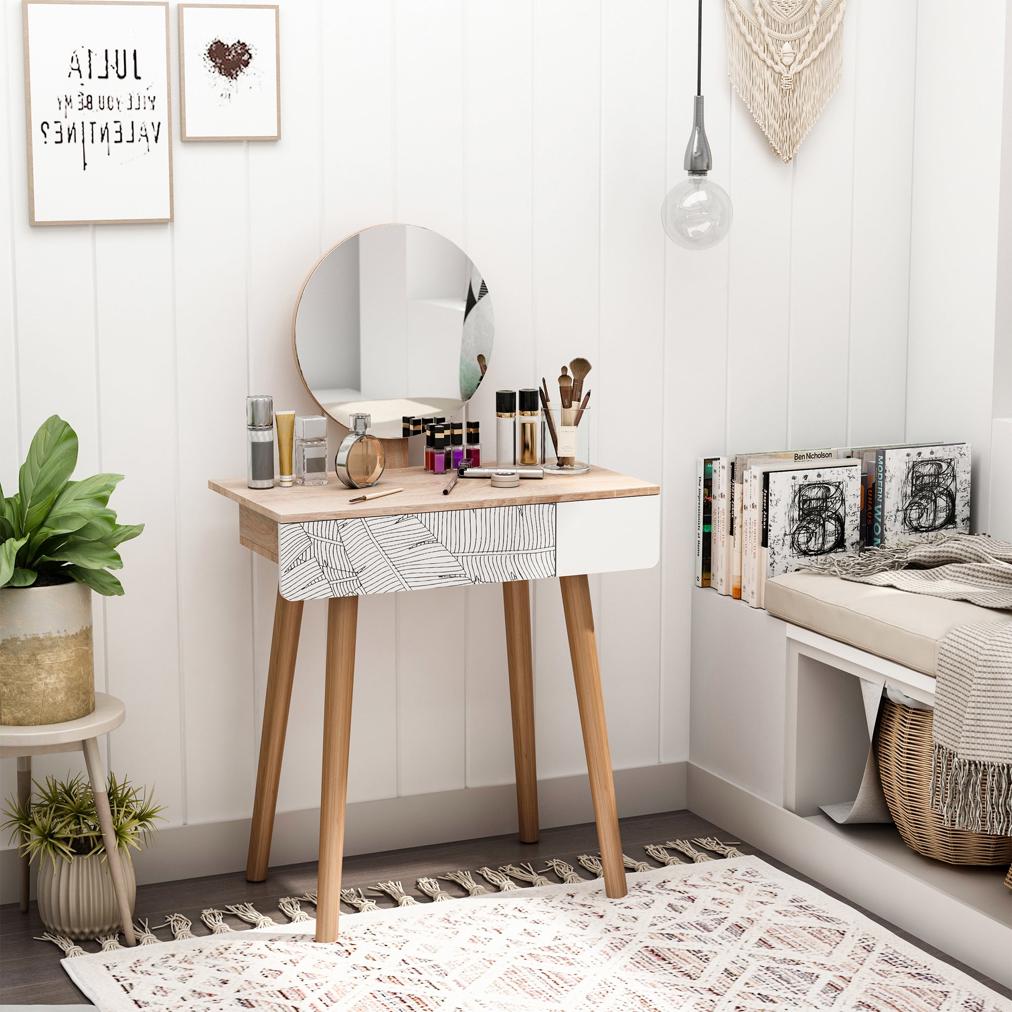 Coiffeuse avec Grand Miroir | 1 Tiroir + Design Scandinave 70 cm – AUREA