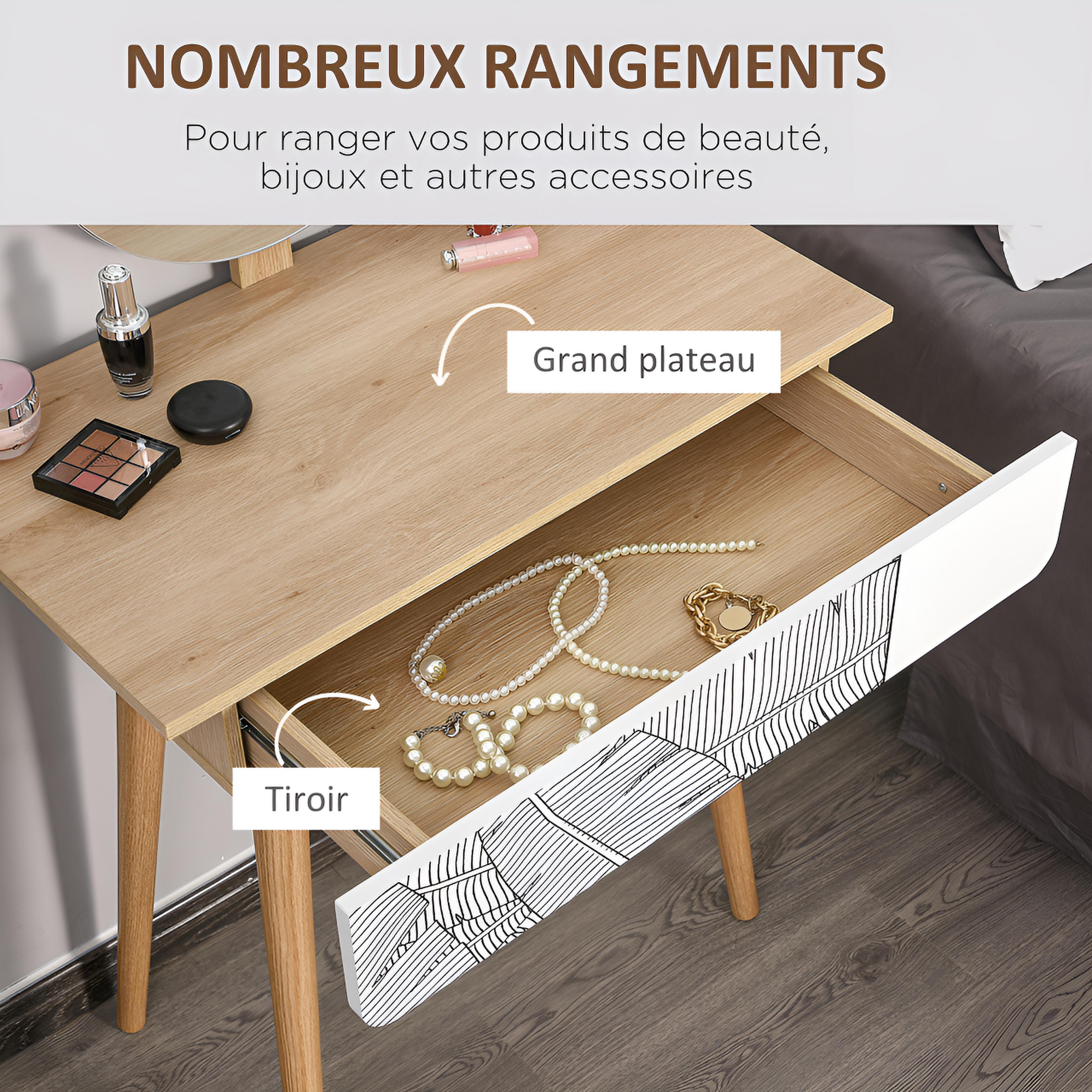 Coiffeuse avec Grand Miroir | 1 Tiroir + Design Scandinave 70 cm – AUREA