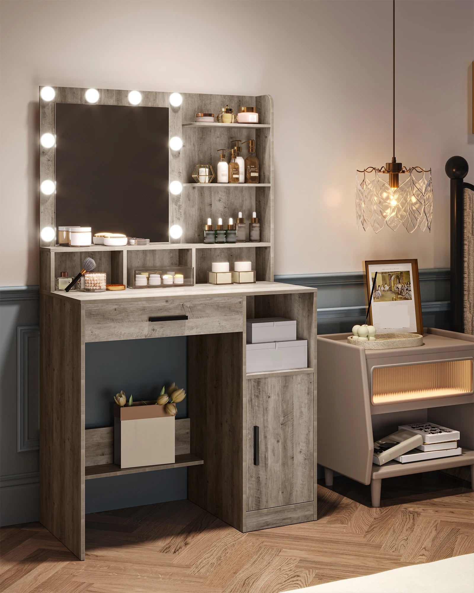 Coiffeuse avec Miroir LED et Rangement | 10 Lumières + Étagères & Compartiments – AUREA