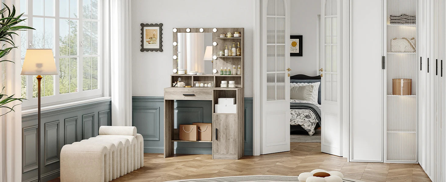 Coiffeuse avec Miroir LED et Rangement | 10 Lumières + Étagères & Compartiments – AUREA