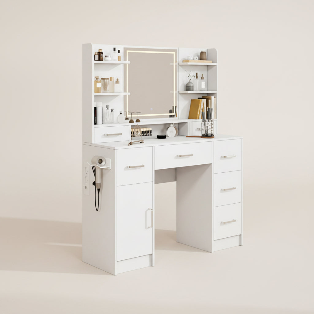 Coiffeuse avec Miroir LED 3 Couleurs | Prises Intégrées + Placard de Rangement – AUREA