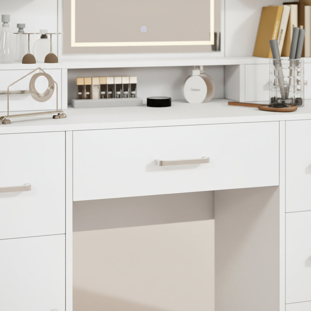 Coiffeuse avec Miroir LED 3 Couleurs | Prises Intégrées + Placard de Rangement – AUREA