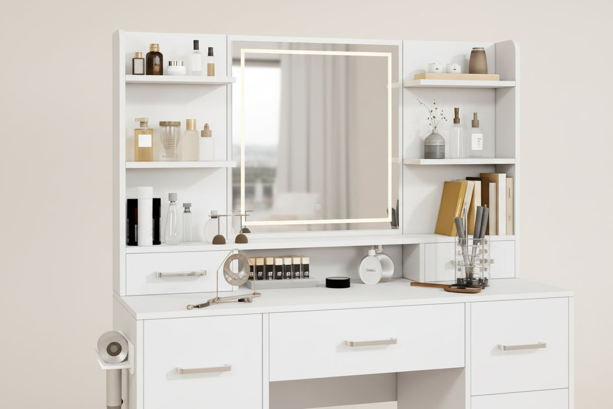Coiffeuse avec Miroir LED 3 Couleurs | Prises Intégrées + Placard de Rangement – AUREA