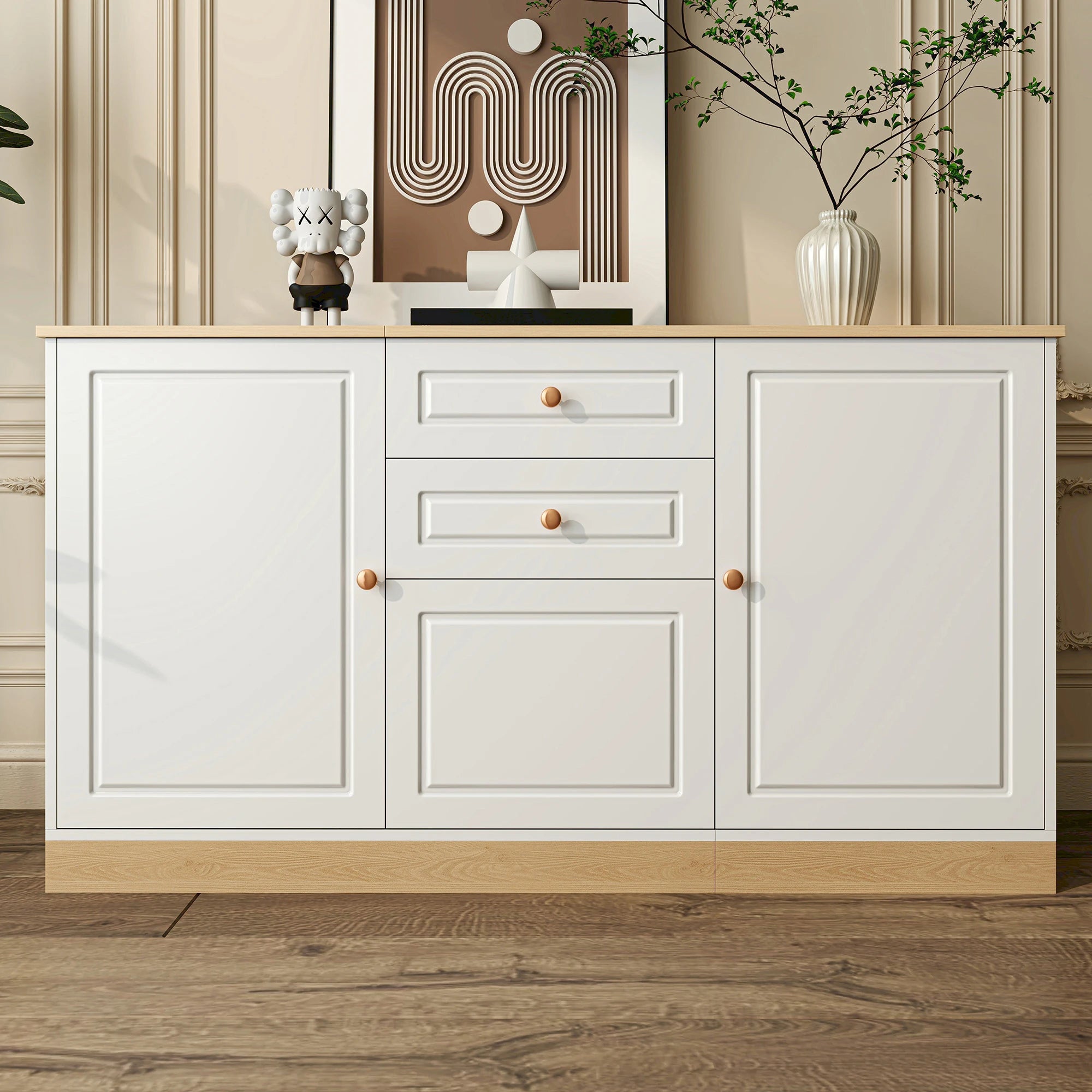 Buffet de Rangement 3 Portes et 2 Tiroirs | Blanc et Bois 135,5 cm – AUREA