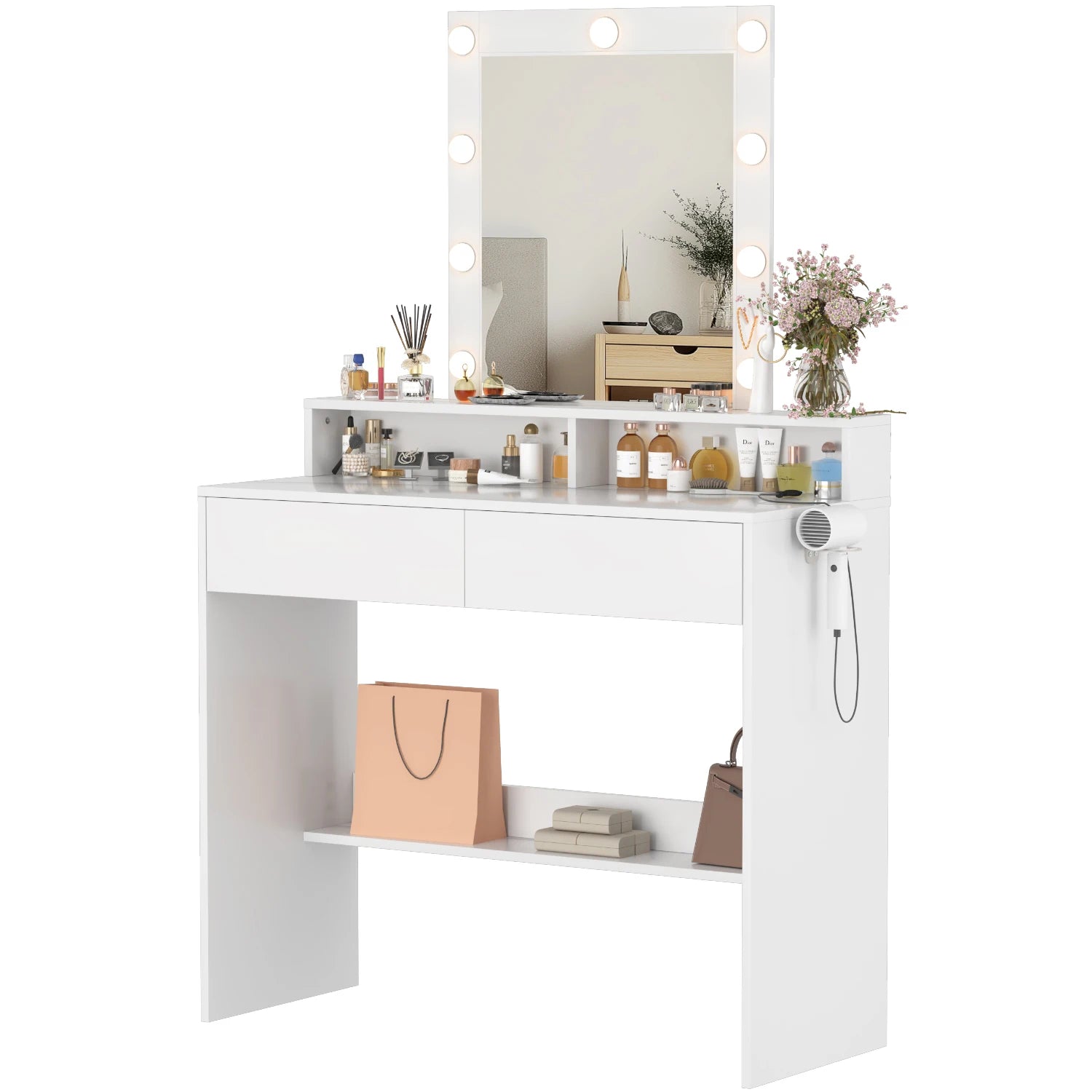 Coiffeuse avec Miroir LED Réglable | 2 Tiroirs + 4 Étagères + Placard – AUREA