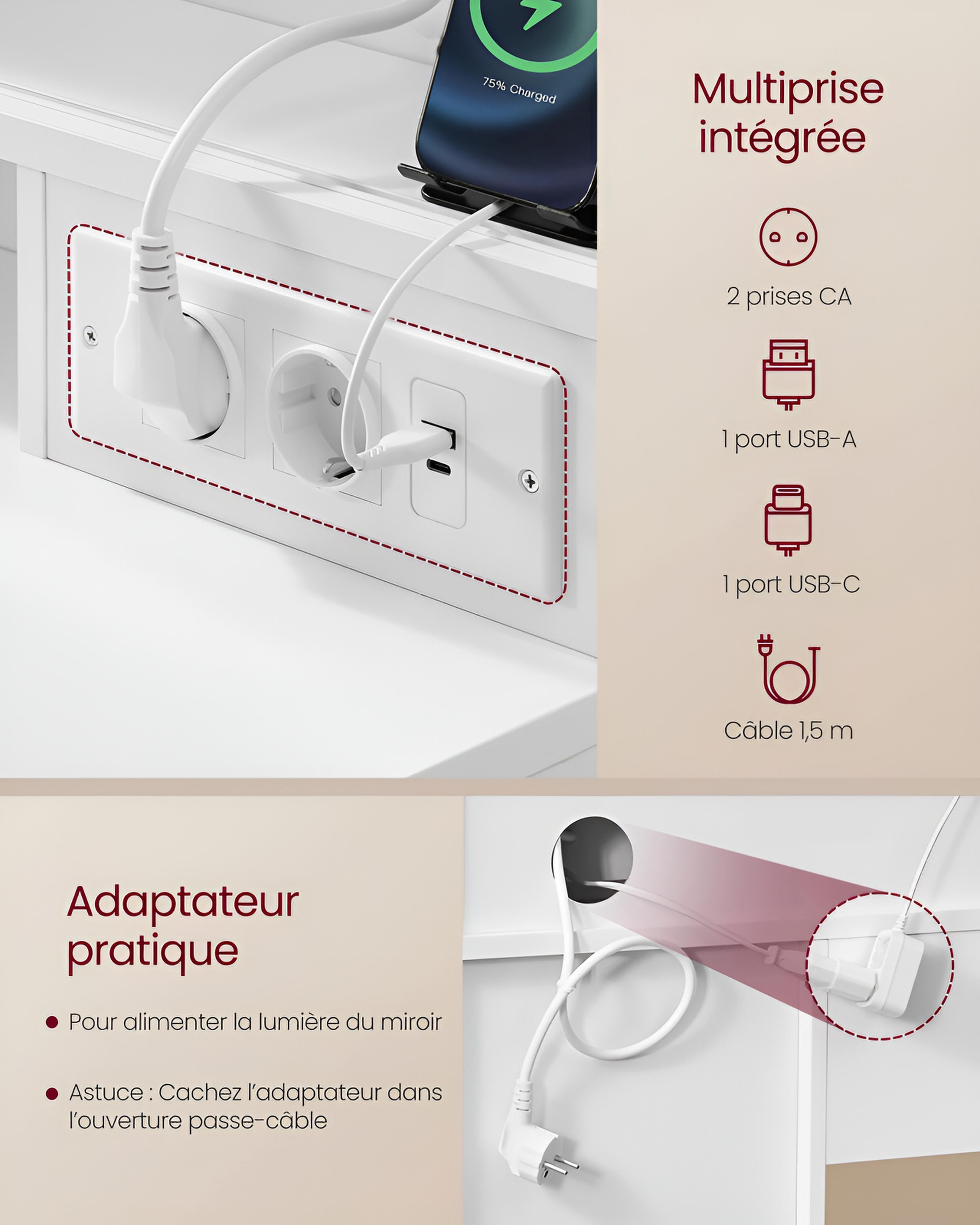 Coiffeuse avec Miroir LED Coulissant | Tabouret + Rangement Bijoux – AUREA
