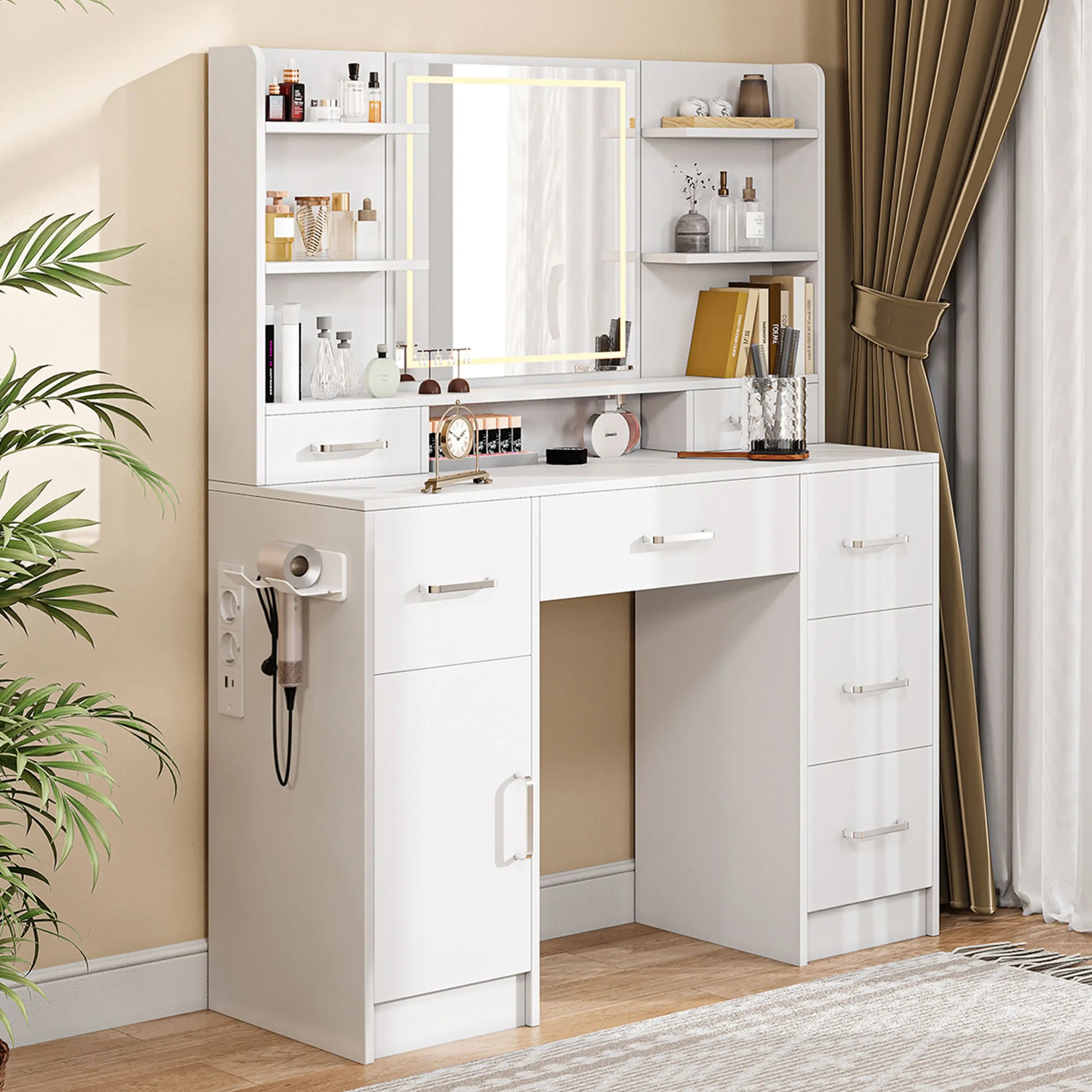 Coiffeuse avec Miroir LED 3 Couleurs | Prises Intégrées + Placard de Rangement – AUREA