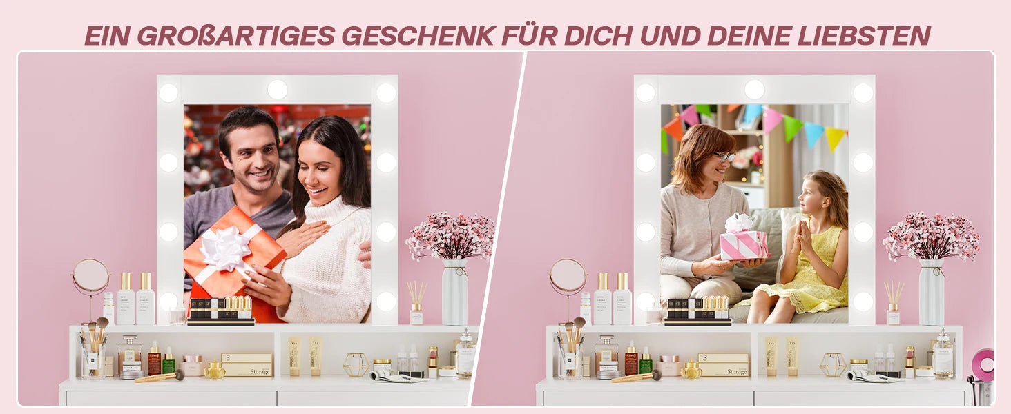 Coiffeuse avec Miroir LED Réglable | 2 Tiroirs + 4 Étagères + Placard – AUREA