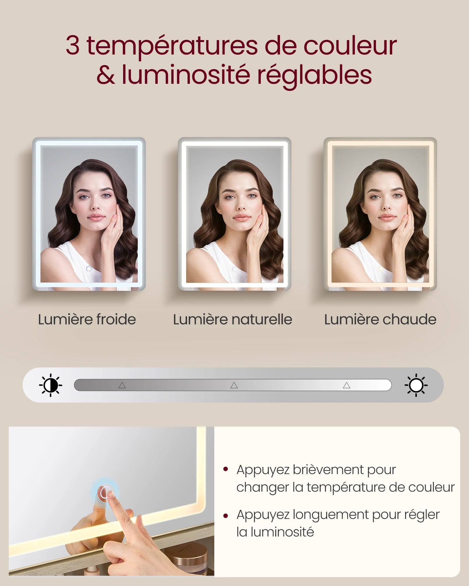 Coiffeuse femme avec Miroir LED et Tabouret | 2 Tiroirs + Prise Intégrée – AUREA