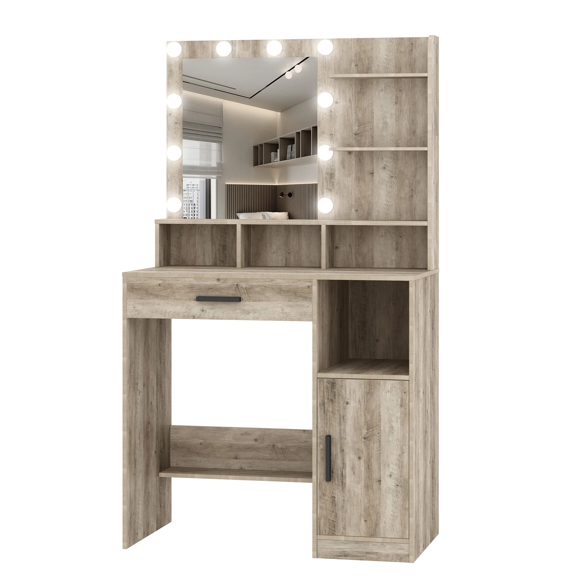 Coiffeuse avec Miroir LED et Rangement | 10 Lumières + Étagères & Compartiments – AUREA