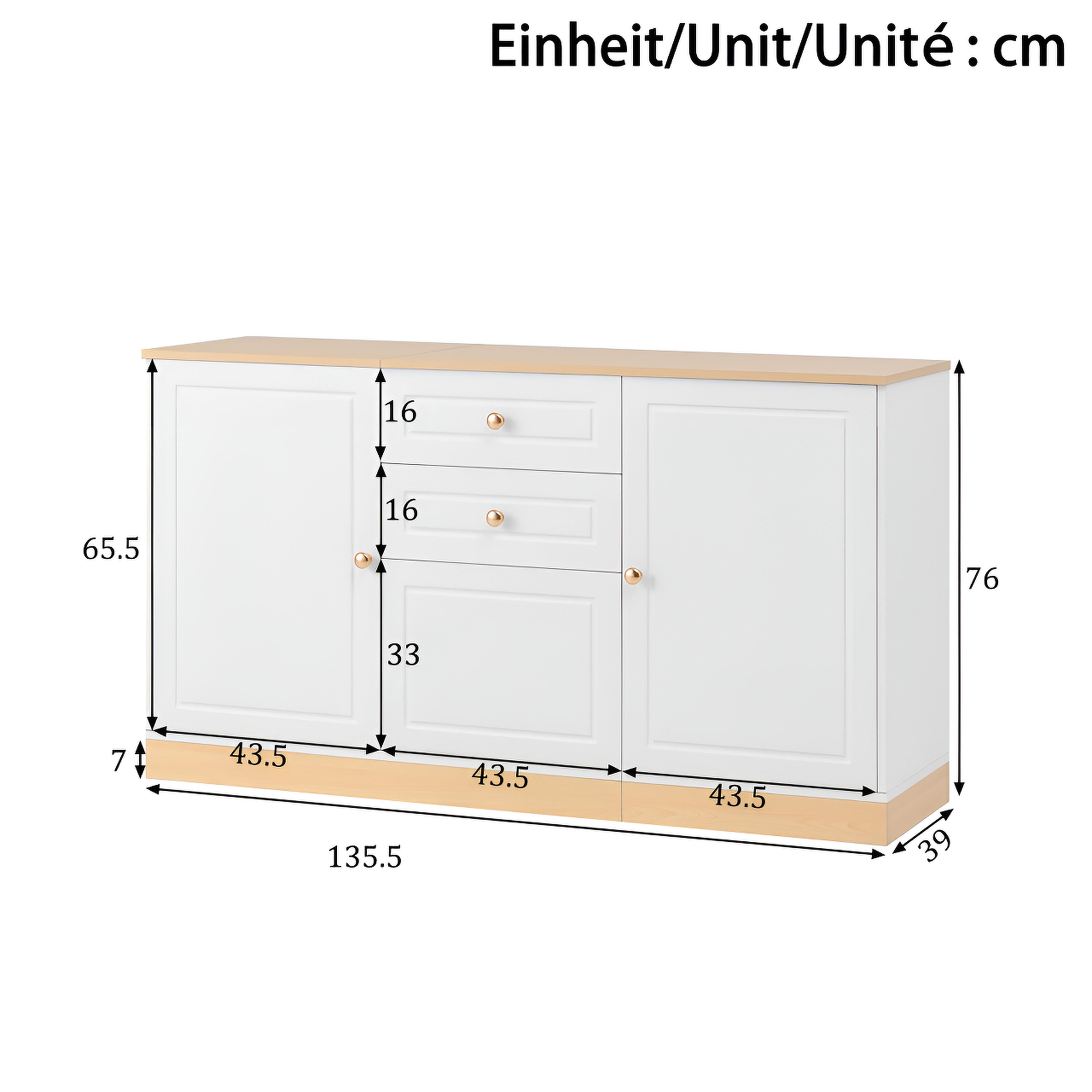 Buffet de Rangement 3 Portes et 2 Tiroirs | Blanc et Bois 135,5 cm – AUREA