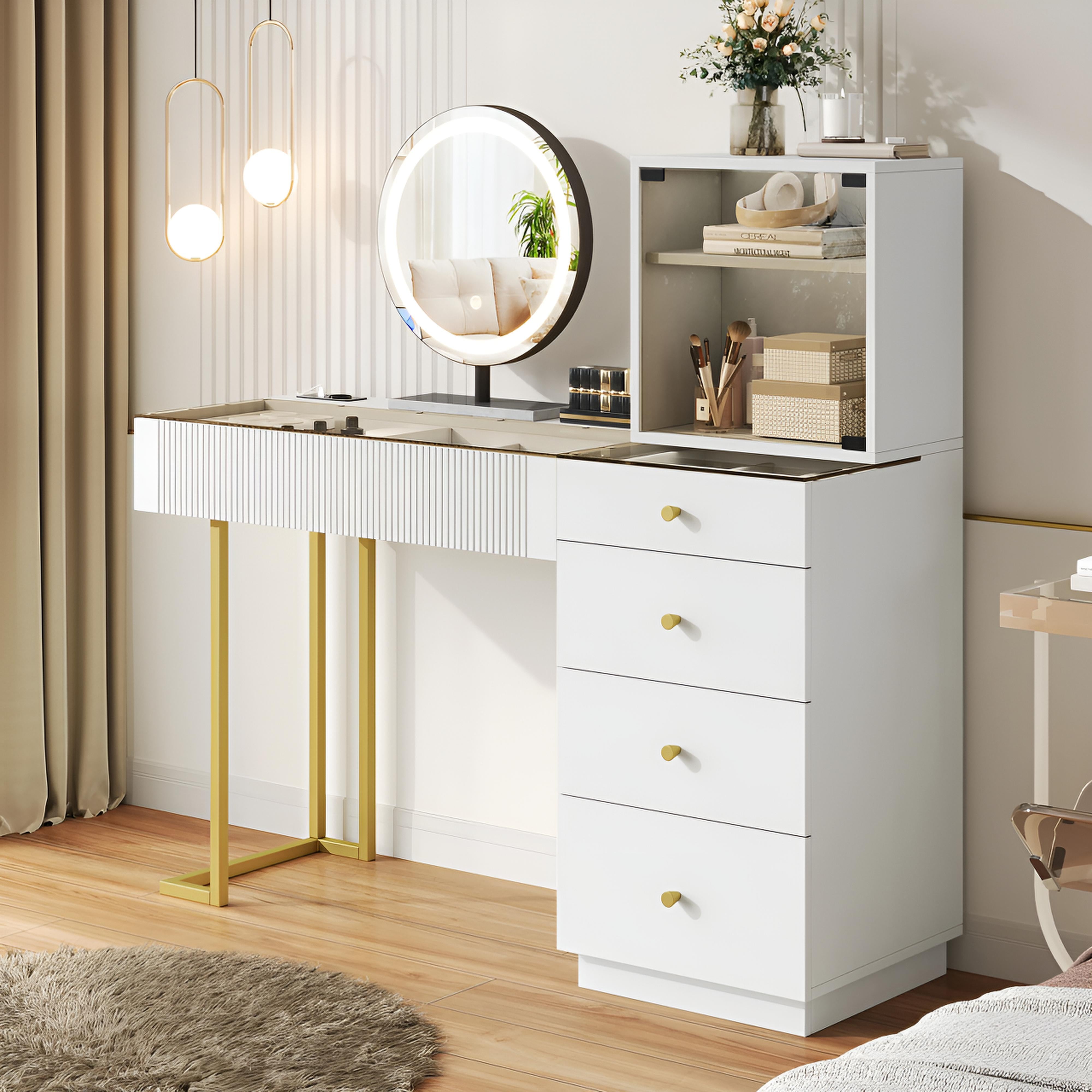 Coiffeuse avec Miroir LED et Plateau en Verre | 5 Tiroirs + Placard – AUREA