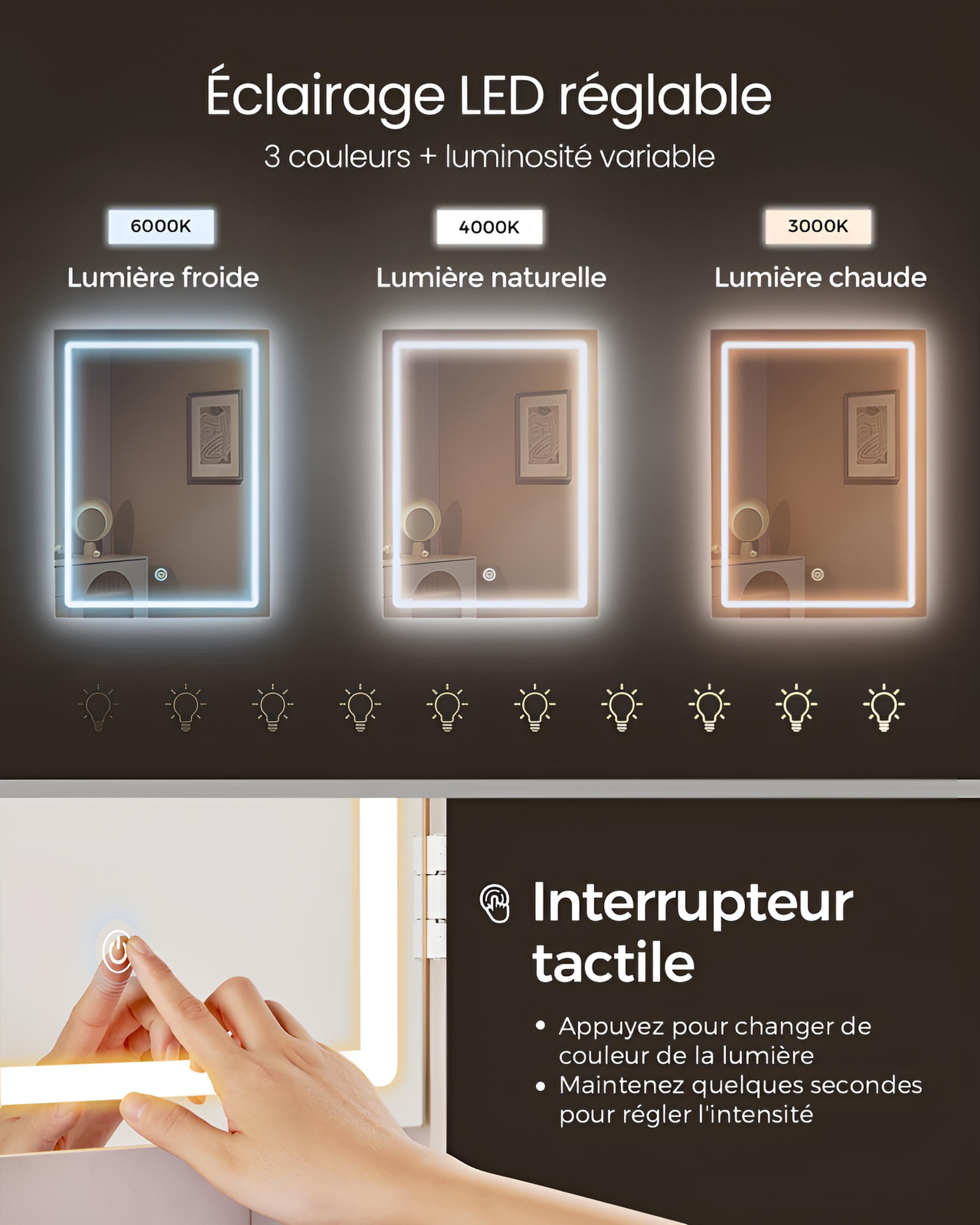 Coiffeuse avec Miroir LED et Tabouret | Étagères Réglables + Grand Rangement – AUREA