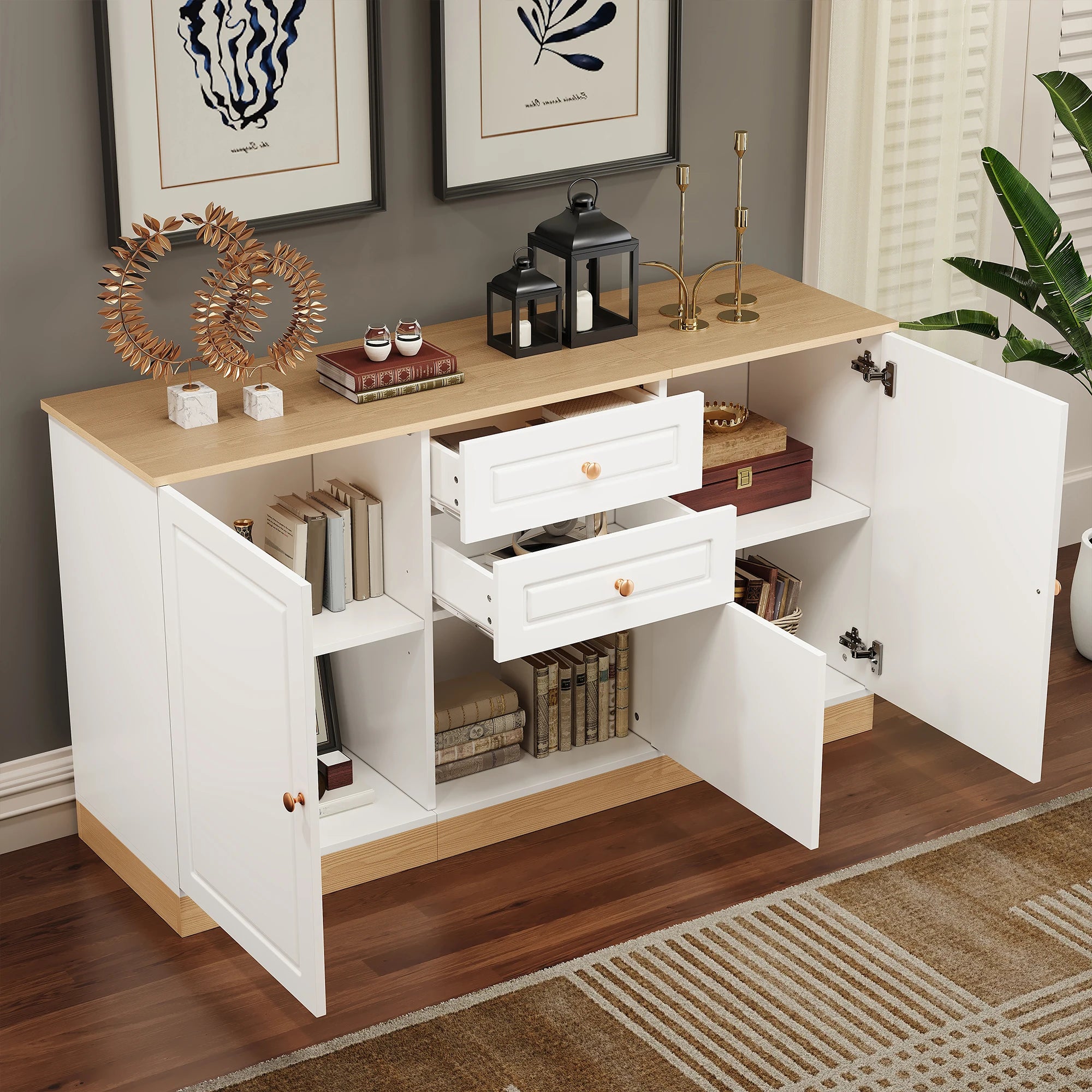 Buffet de Rangement 3 Portes et 2 Tiroirs | Blanc et Bois 135,5 cm – AUREA