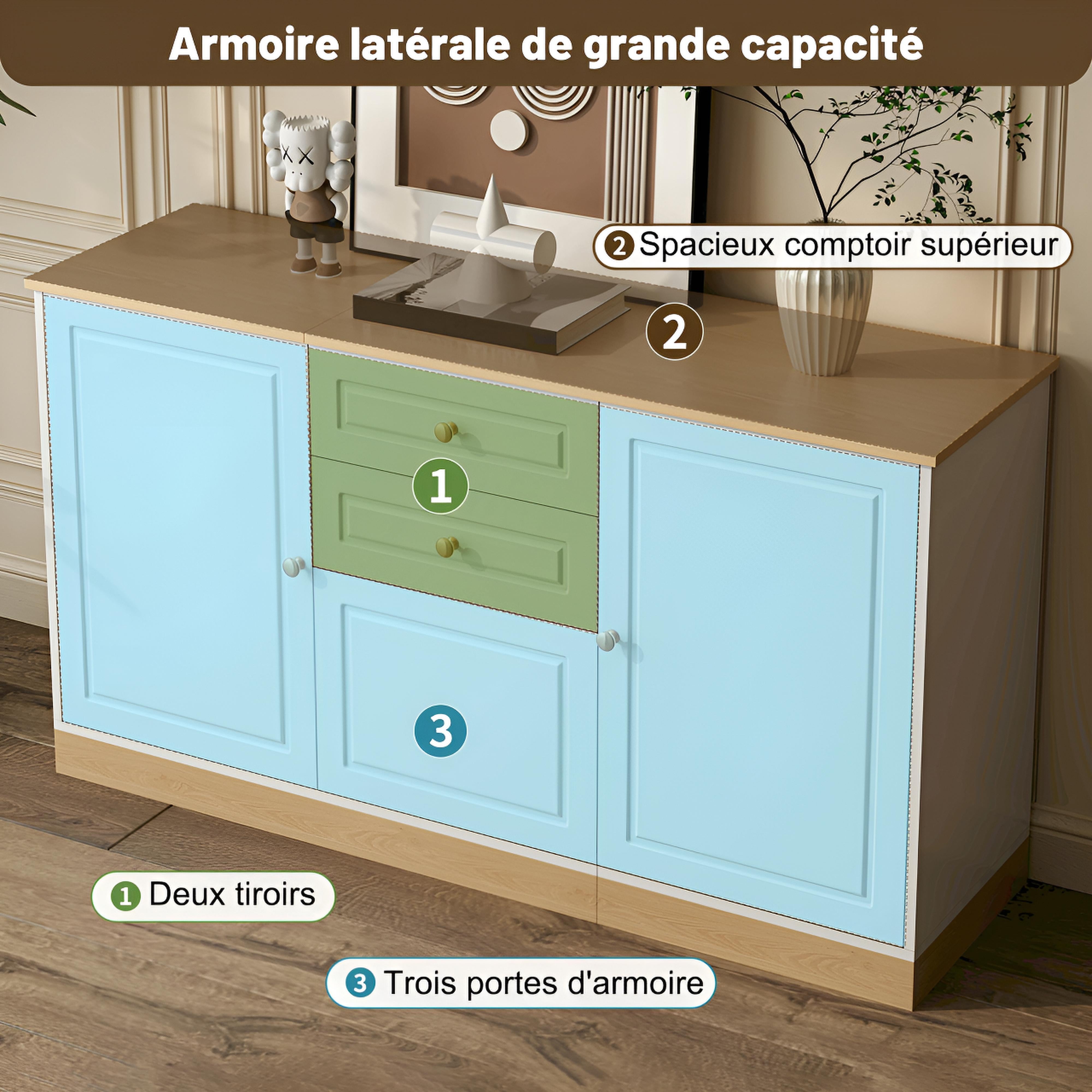 Buffet de Rangement 3 Portes et 2 Tiroirs | Blanc et Bois 135,5 cm – AUREA