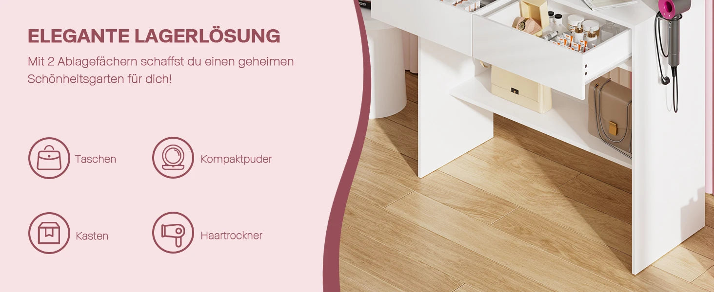 Coiffeuse avec Miroir LED Réglable | 2 Tiroirs + 4 Étagères + Placard – AUREA