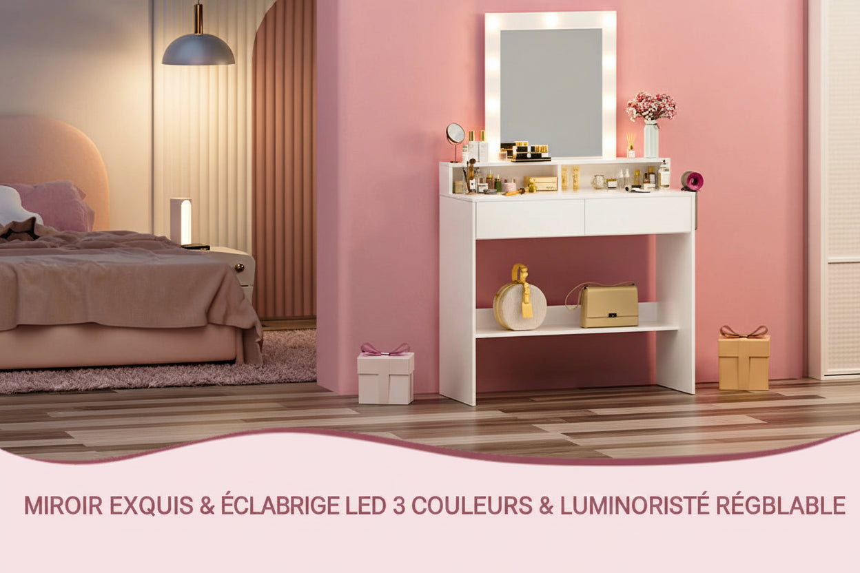 Coiffeuse avec Miroir LED Réglable | 2 Tiroirs + 4 Étagères + Placard – AUREA