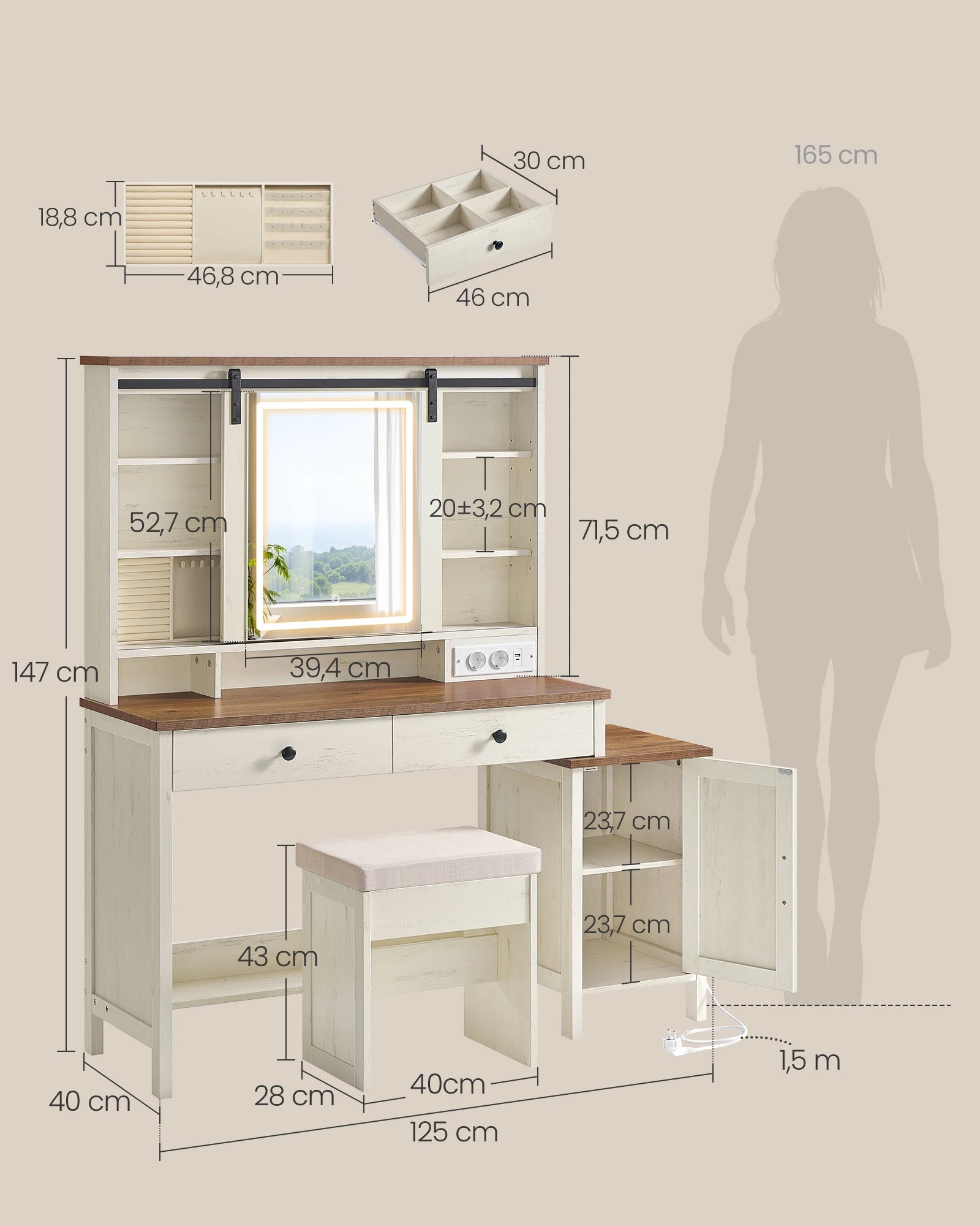 Coiffeuse femme avec Miroir LED et Tabouret | 2 Tiroirs + Prise Intégrée – AUREA