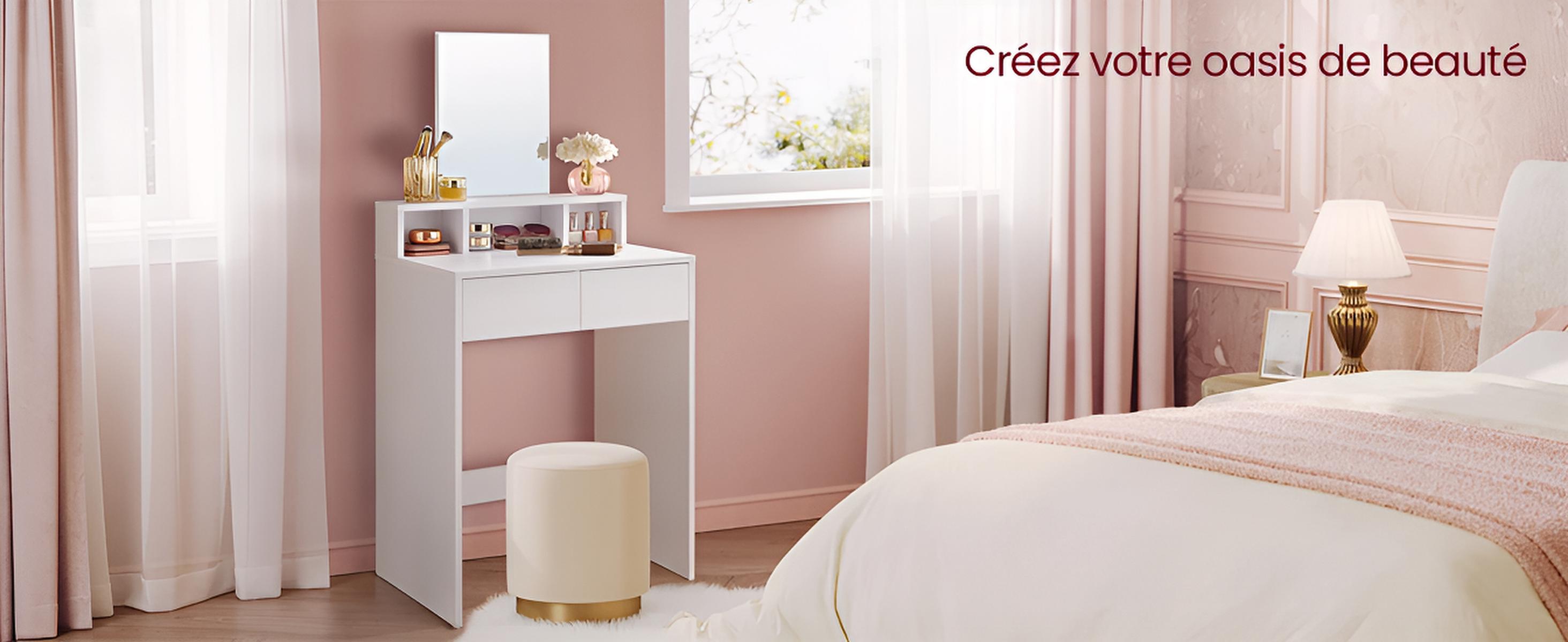 Coiffeuse femme avec Miroir LED et Rangement | Table de Maquillage Moderne + Grand Miroir – AUREA