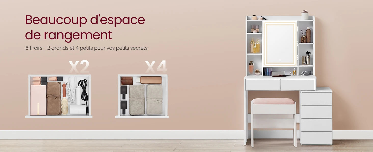 Coiffeuse avec Miroir LED et Tabouret | Étagères Réglables + Grand Rangement – AUREA