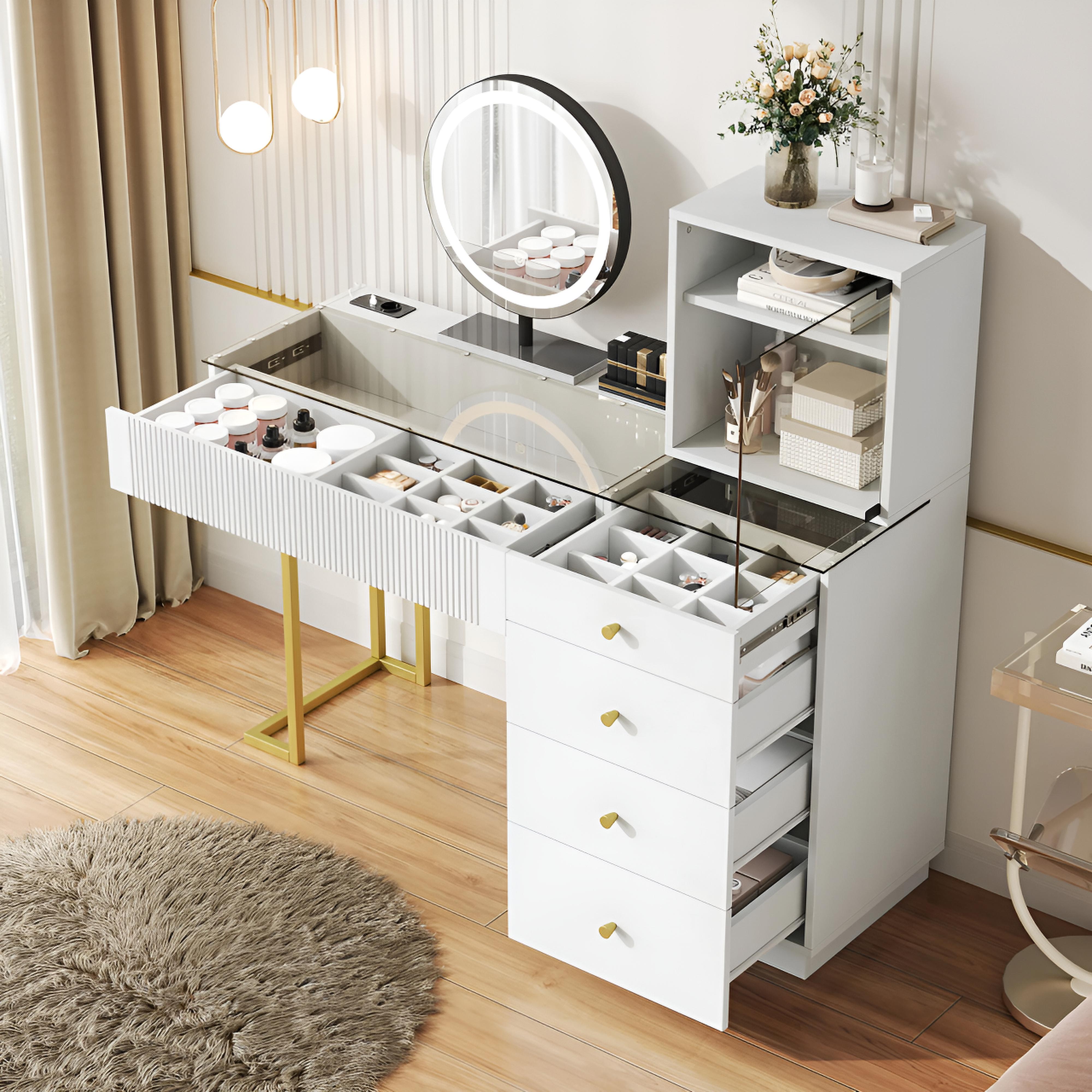 Coiffeuse avec Miroir LED et Plateau en Verre | 5 Tiroirs + Placard – AUREA