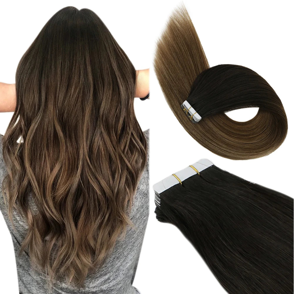 Extensions Tape In Ugeat en Cheveux Naturels Brésiliens Remy – Lisses, Balayage, 20P / 40P