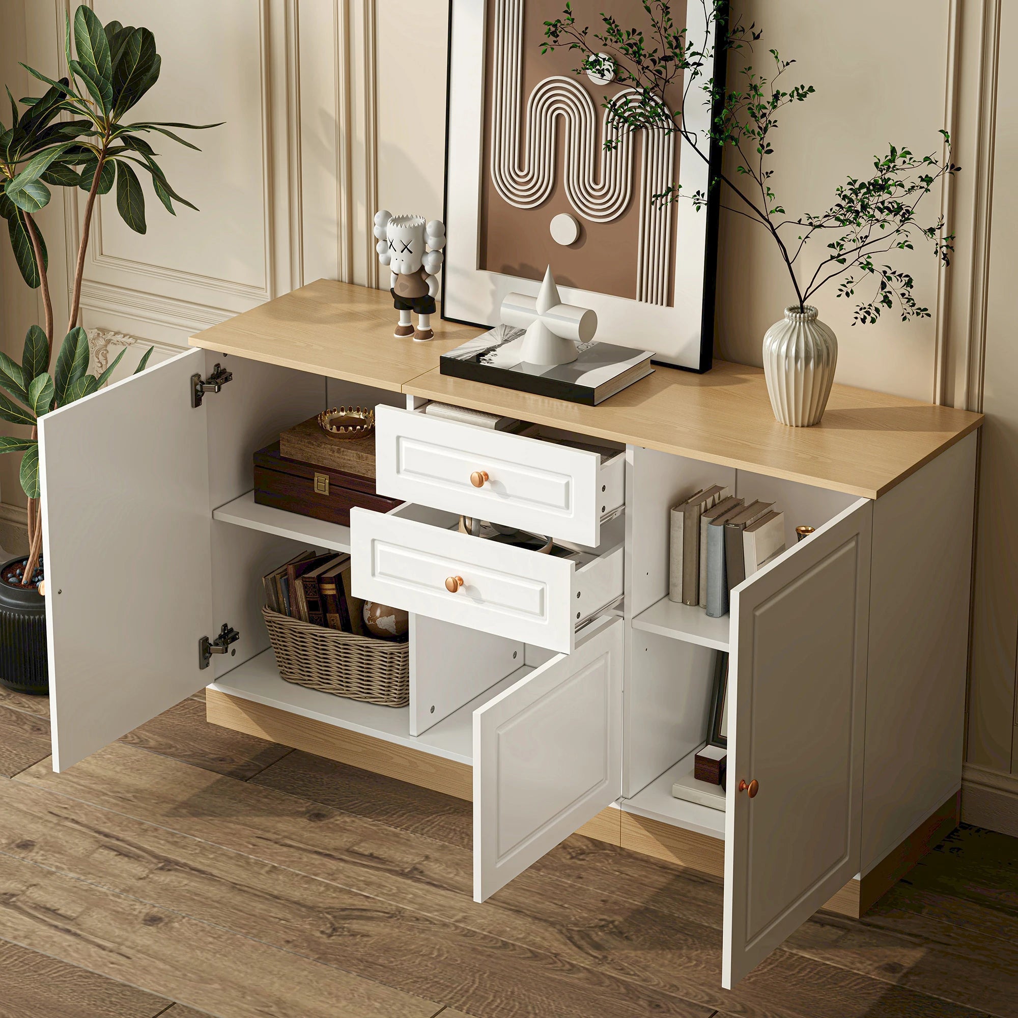 Buffet de Rangement 3 Portes et 2 Tiroirs | Blanc et Bois 135,5 cm – AUREA