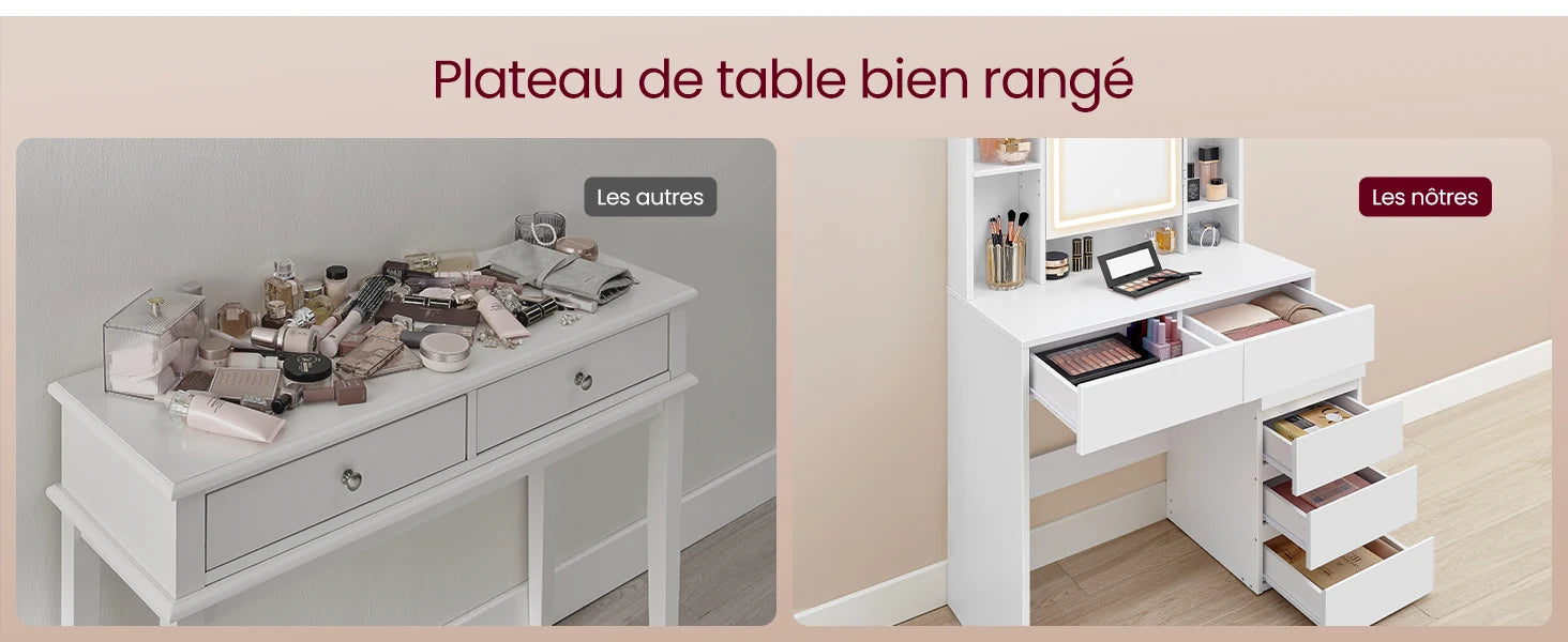 Coiffeuse avec Miroir LED et Tabouret | Étagères Réglables + Grand Rangement – AUREA
