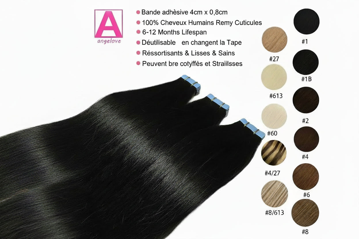 Extensions Tape In en Cheveux Naturels Brésiliens Remy – Lisses, Qualité Salon