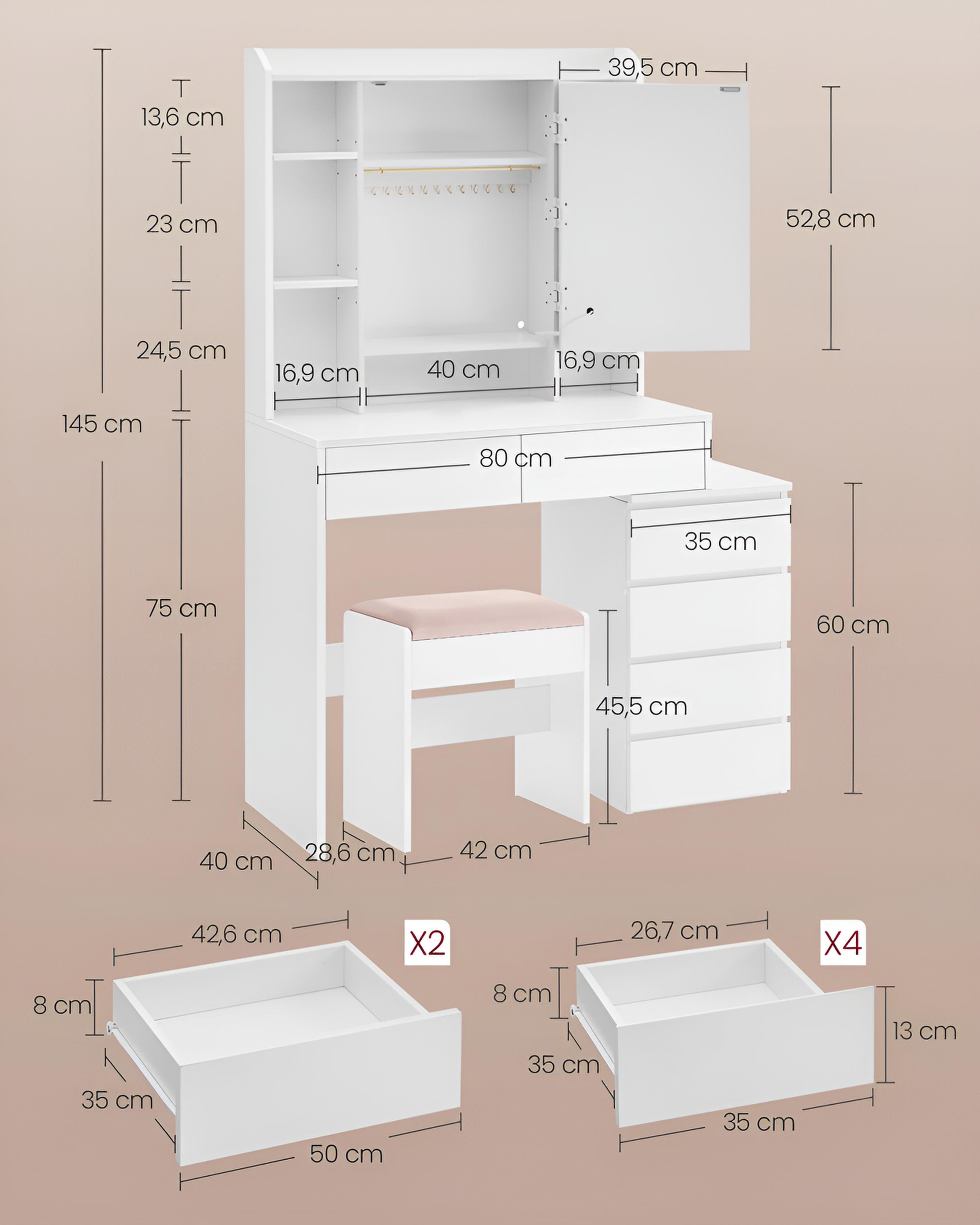 Coiffeuse avec Miroir LED et Tabouret | Étagères Réglables + Grand Rangement – AUREA