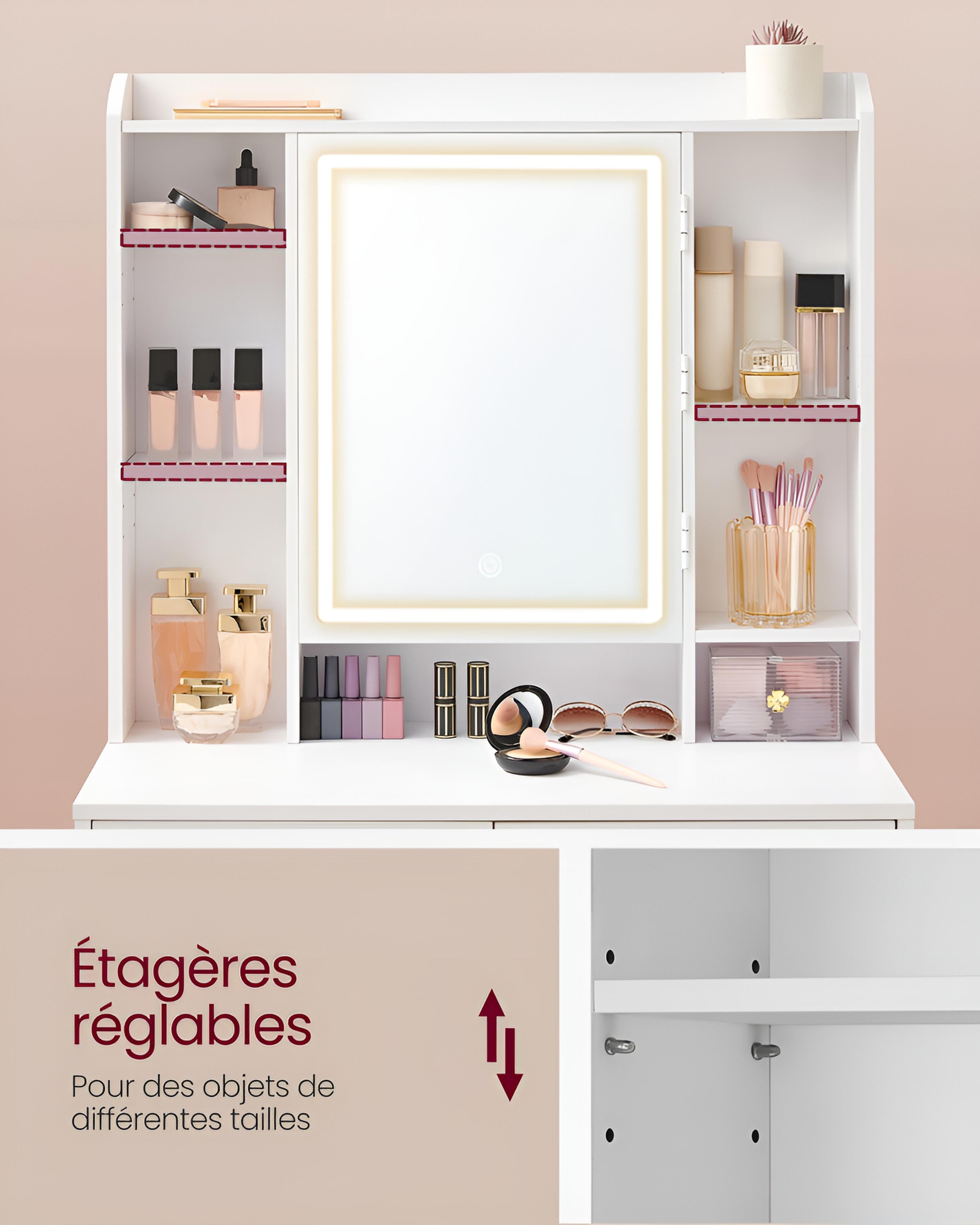 Coiffeuse avec Miroir LED et Tabouret | Étagères Réglables + Grand Rangement – AUREA