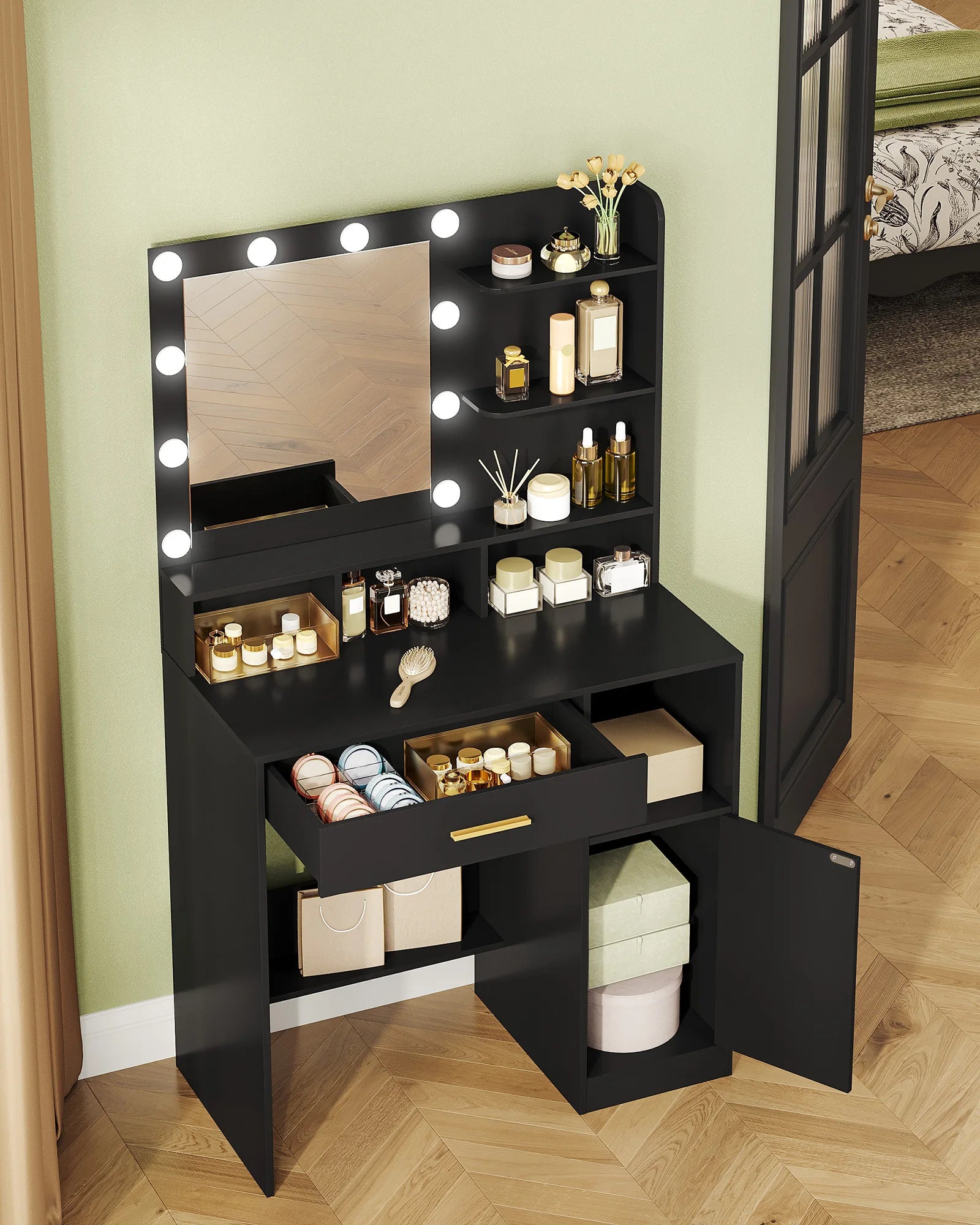 Coiffeuse avec Miroir LED et Rangement | 10 Lumières + Étagères & Compartiments – AUREA