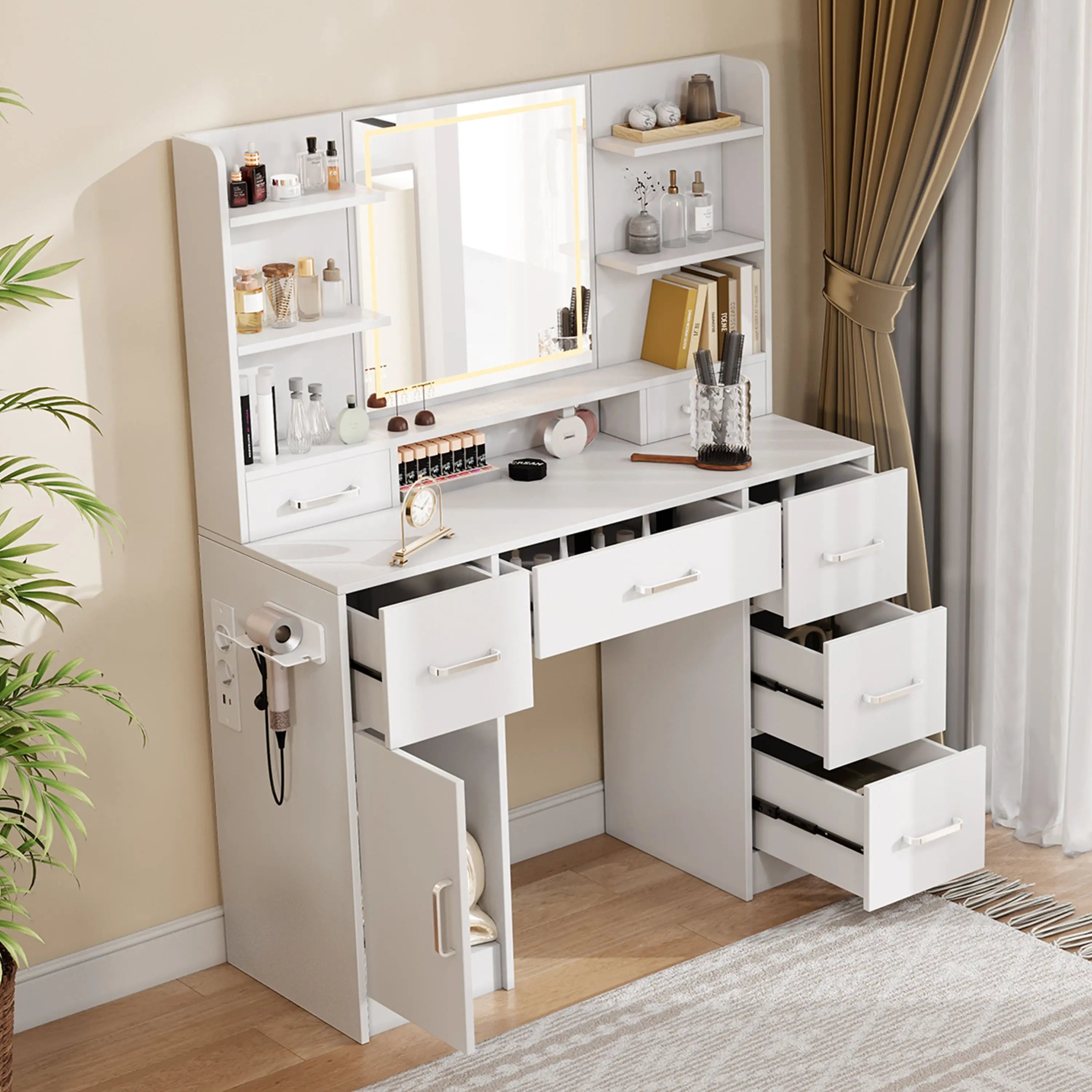 Coiffeuse avec Miroir LED 3 Couleurs | Prises Intégrées + Placard de Rangement – AUREA