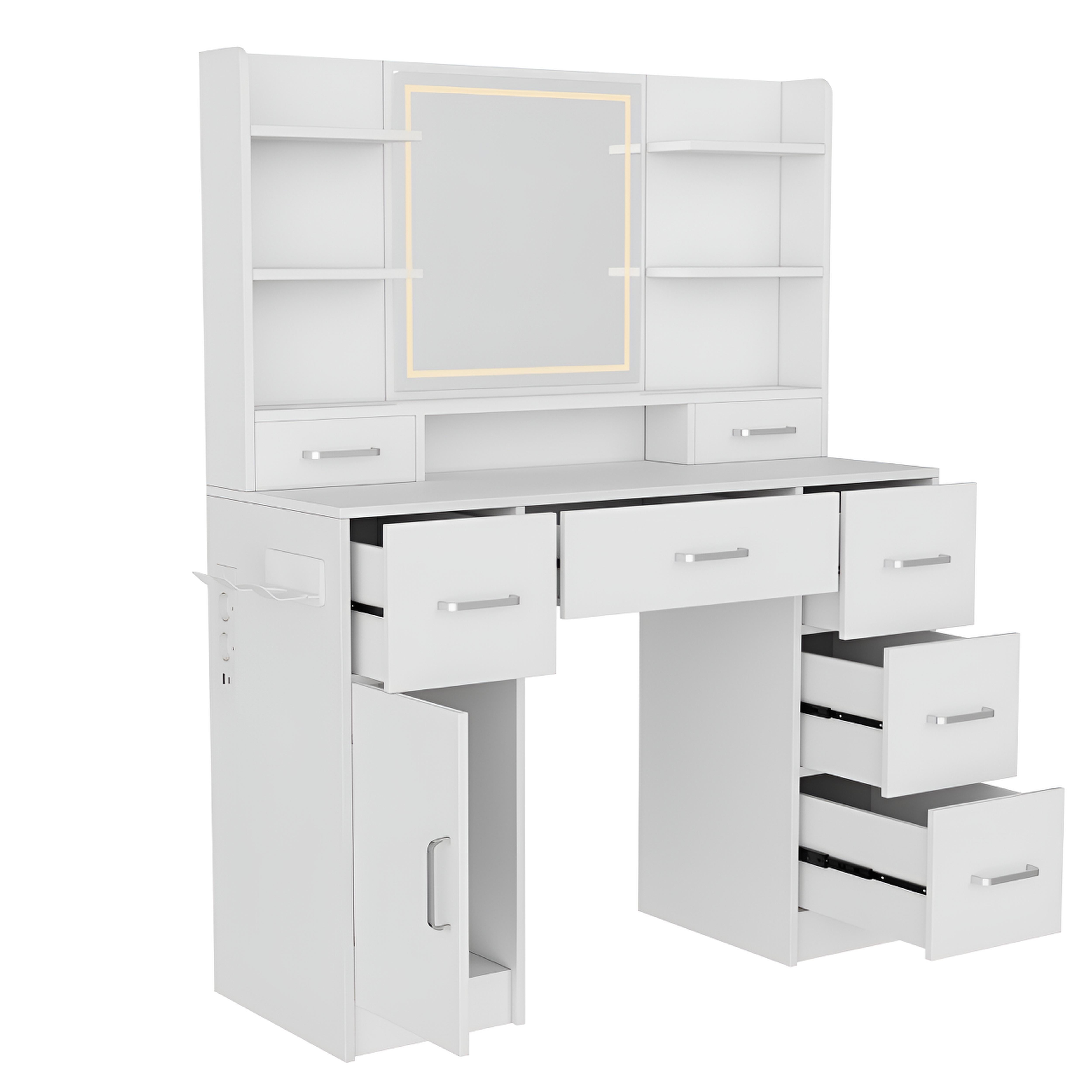 Coiffeuse avec Miroir LED 3 Couleurs | Prises Intégrées + Placard de Rangement – AUREA
