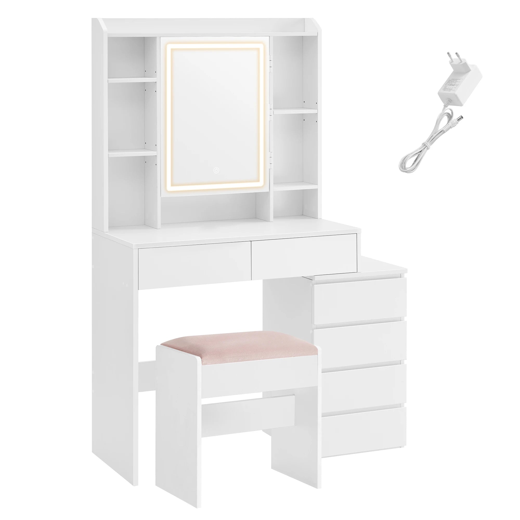 Coiffeuse avec Miroir LED et Tabouret | Étagères Réglables + Grand Rangement – AUREA