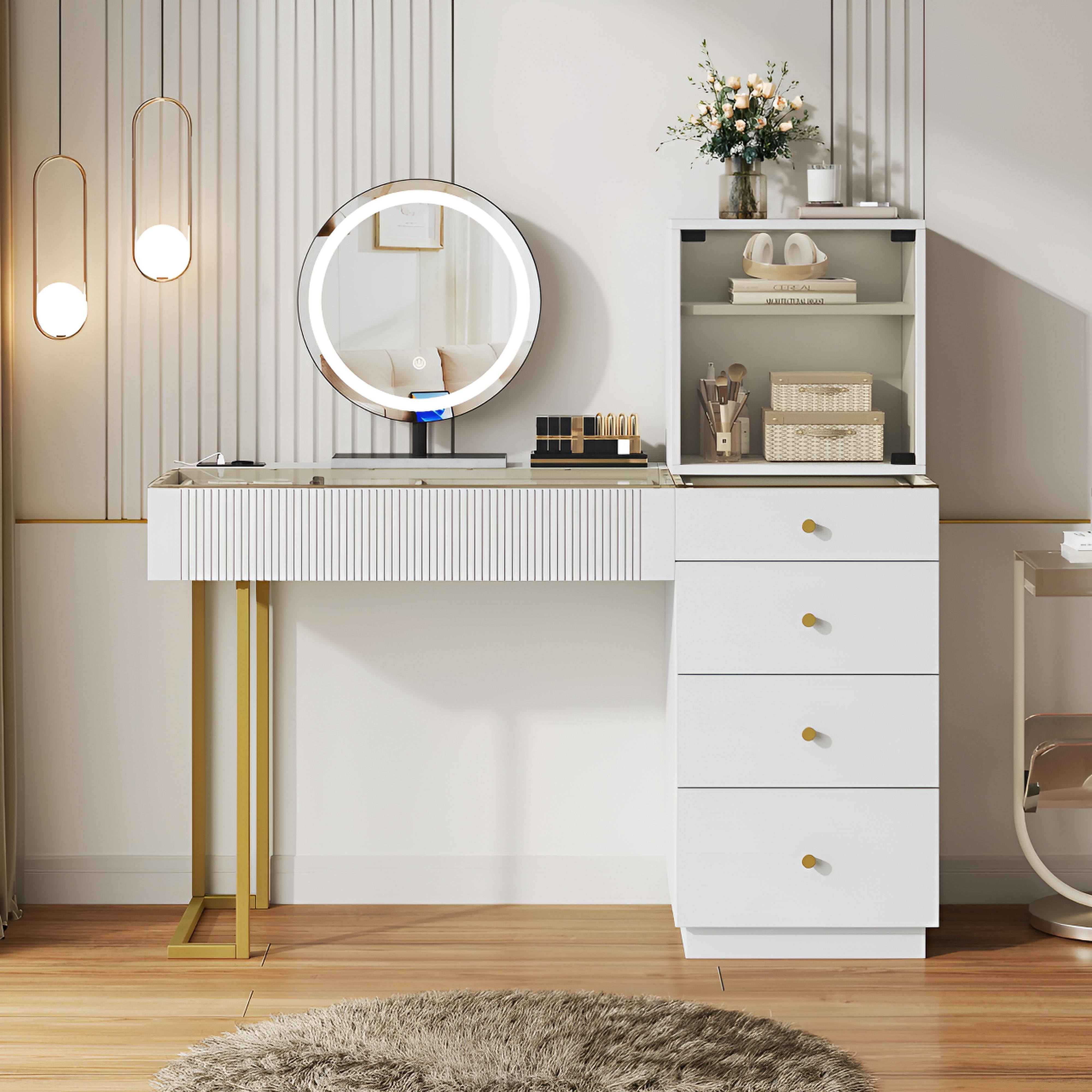 Coiffeuse avec Miroir LED et Plateau en Verre | 5 Tiroirs + Placard – AUREA