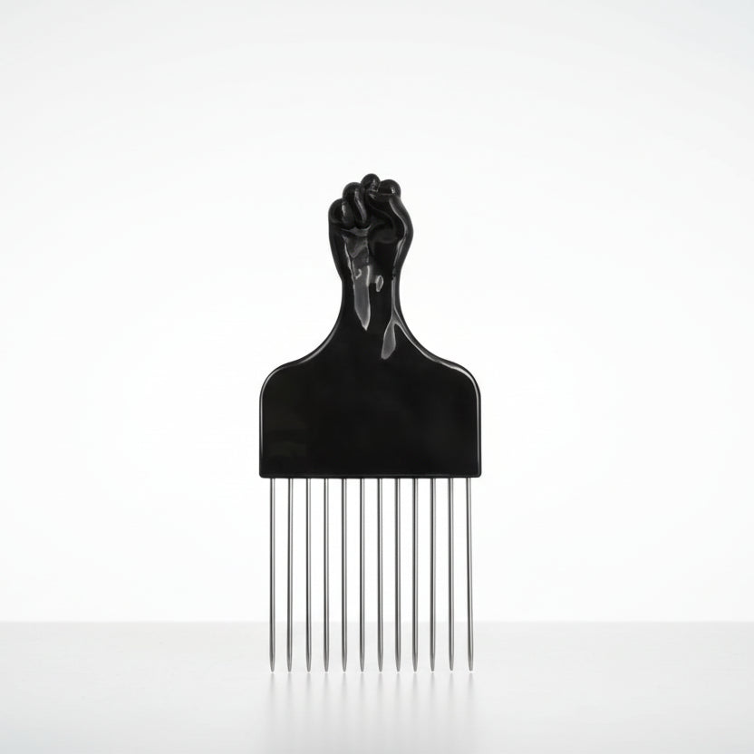 Peigne Afro à Dents Larges Professionnel – Manche Noir Forme Poing, Dents Métal