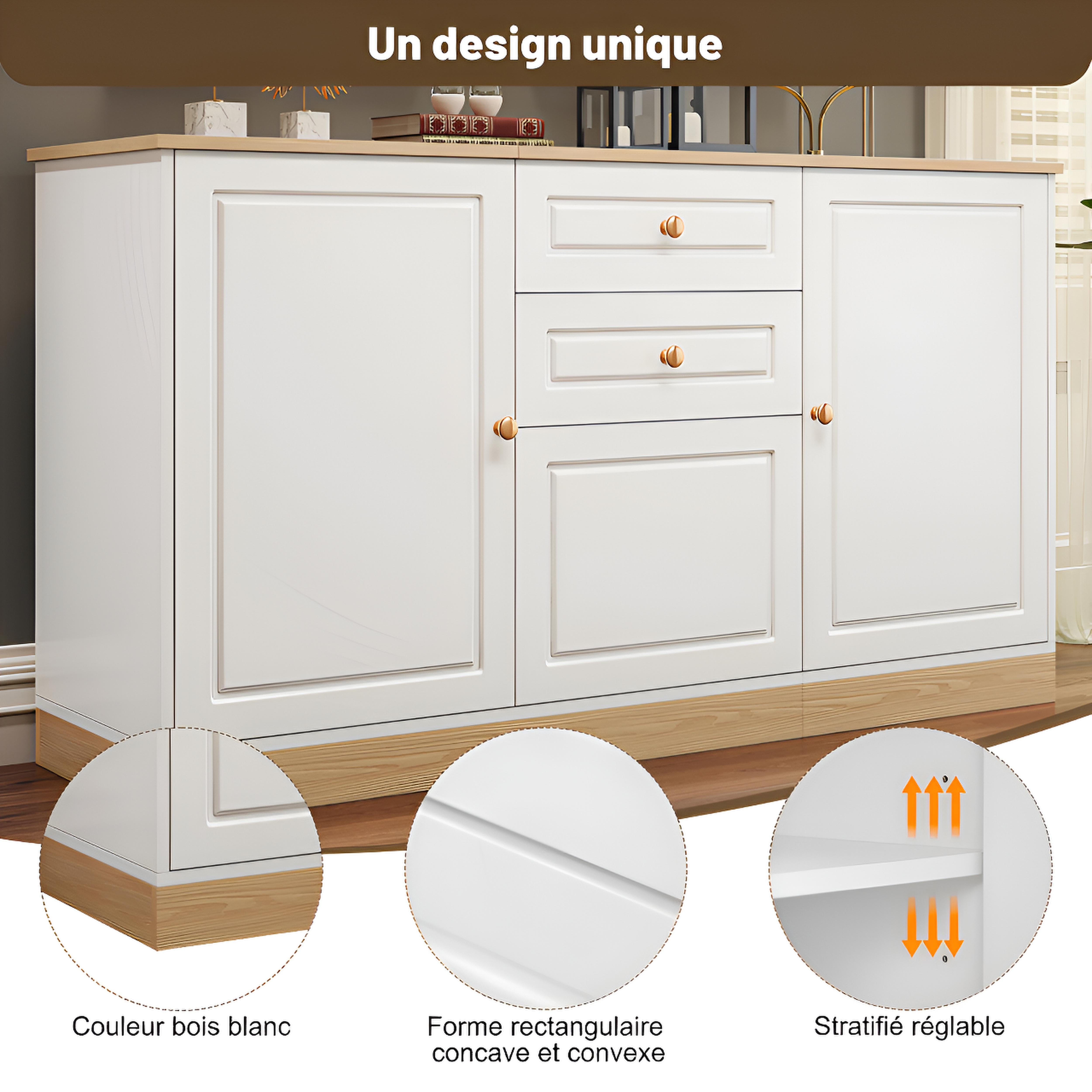 Buffet de Rangement 3 Portes et 2 Tiroirs | Blanc et Bois 135,5 cm – AUREA