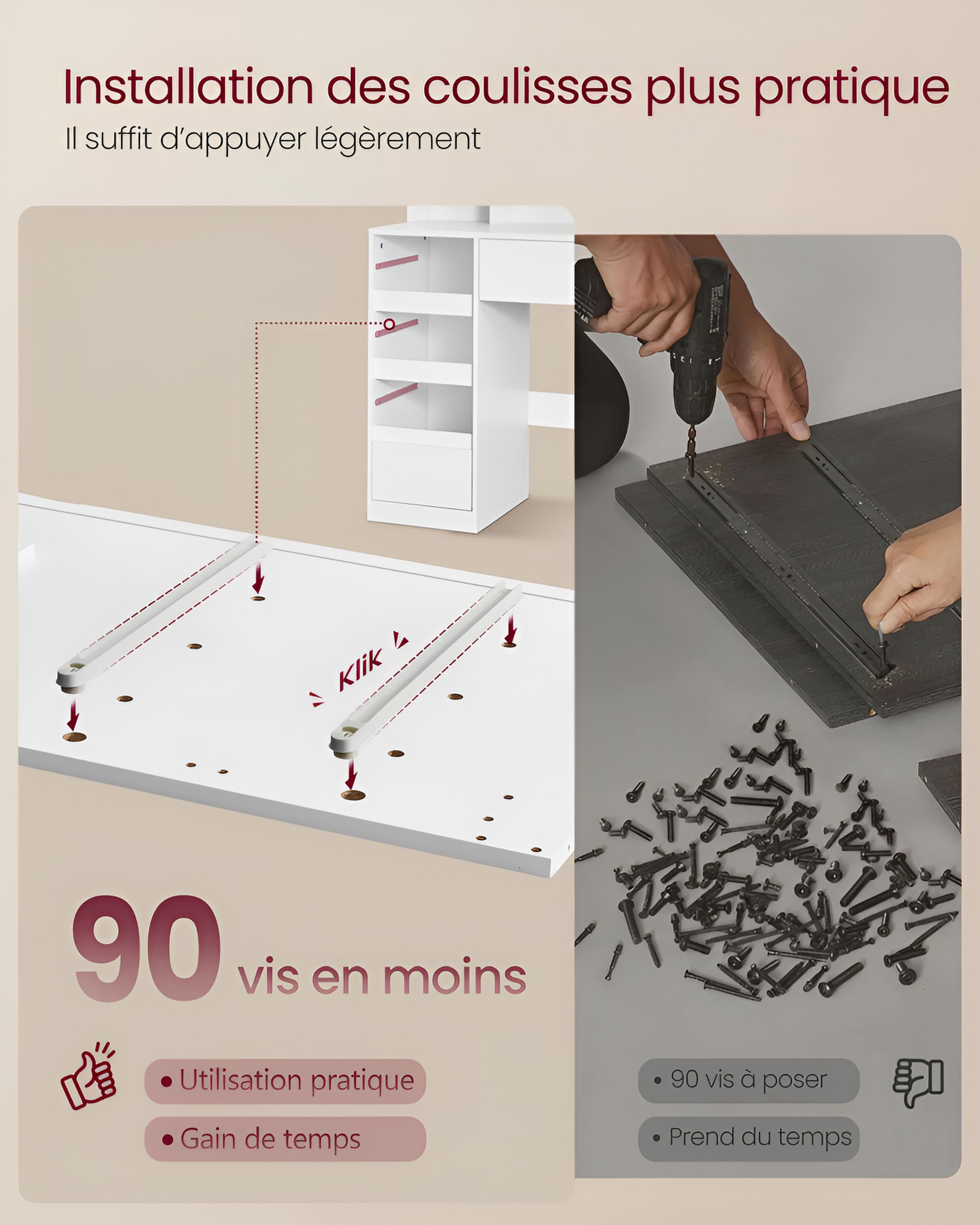 Coiffeuse avec Miroir LED Coulissant | Tabouret + Rangement Bijoux – AUREA