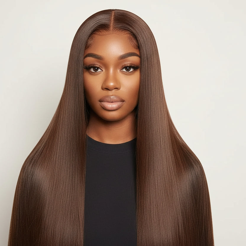 Perruque Cheveux Naturels Marron Chocolat – Lace Frontale 13x4, Baby Hair, Lisse