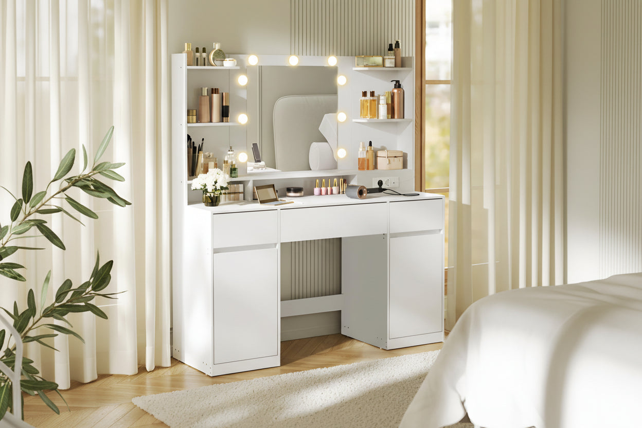 Coiffeuse avec Miroir LED et Prises | 3 Tiroirs + 2 Placards + 9 Ampoules – AUREA