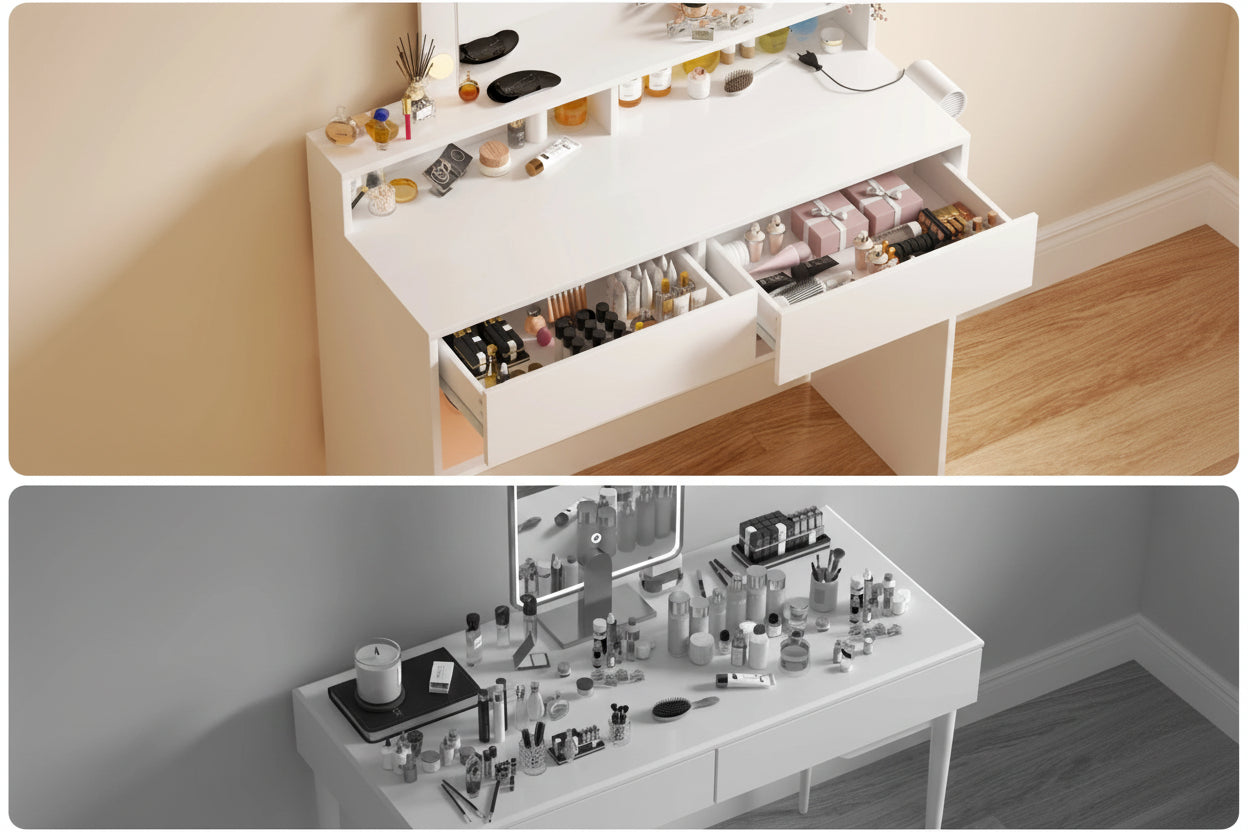 Coiffeuse avec Miroir LED Réglable | 2 Tiroirs + 4 Étagères + Placard – AUREA